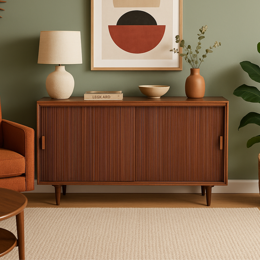 Vintage 1950's Solid Wood Tambour Door Credenza