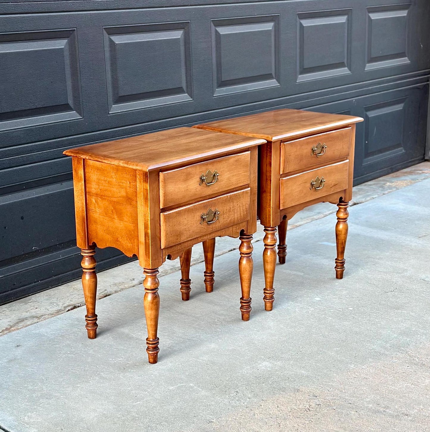 Pair of Vintage Cherry Two Drawer Turned Leg Solid Wood End Tables