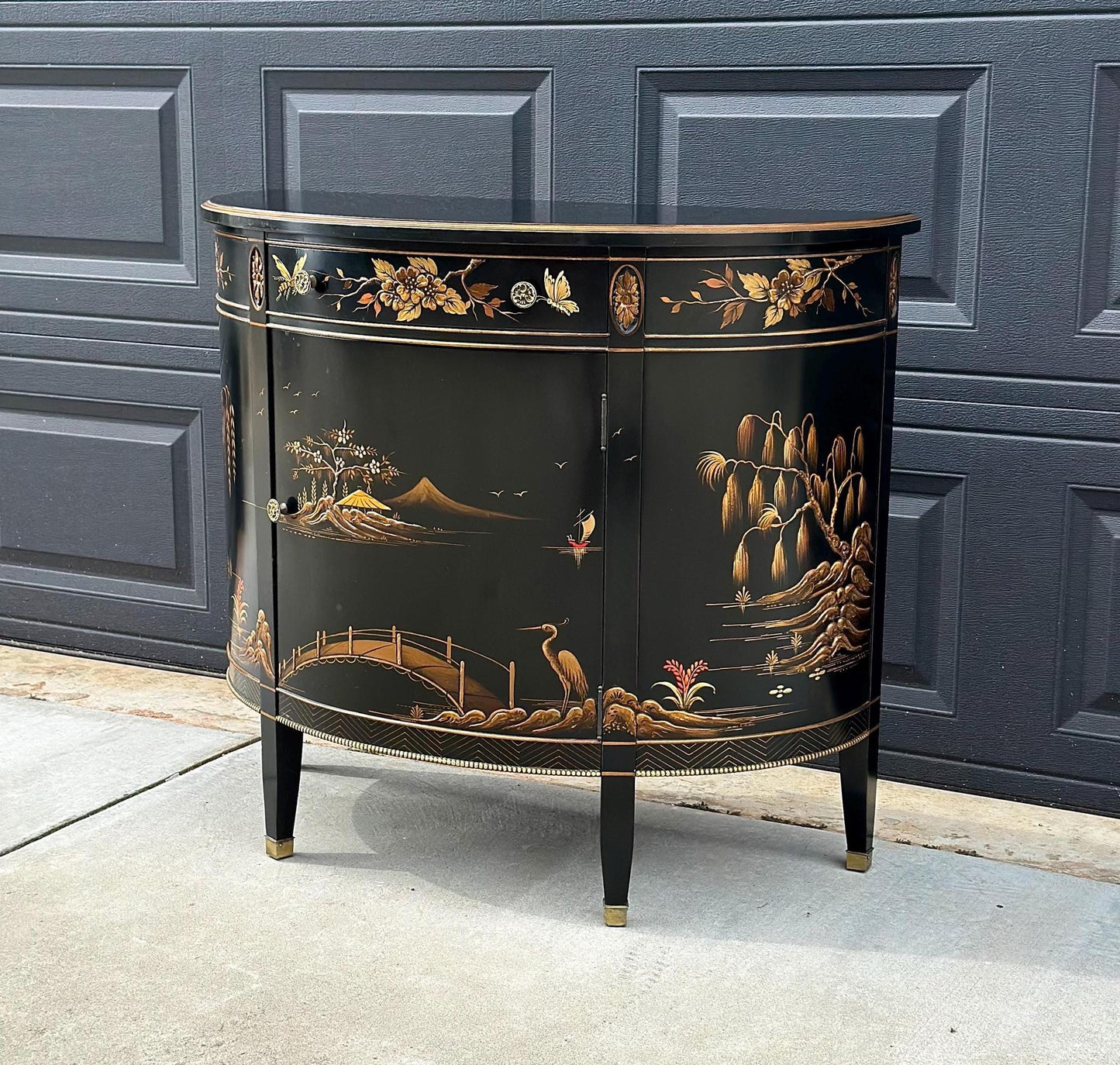 Vintage Chinoiserie Black Lacquer Demi-Lune Cabinet