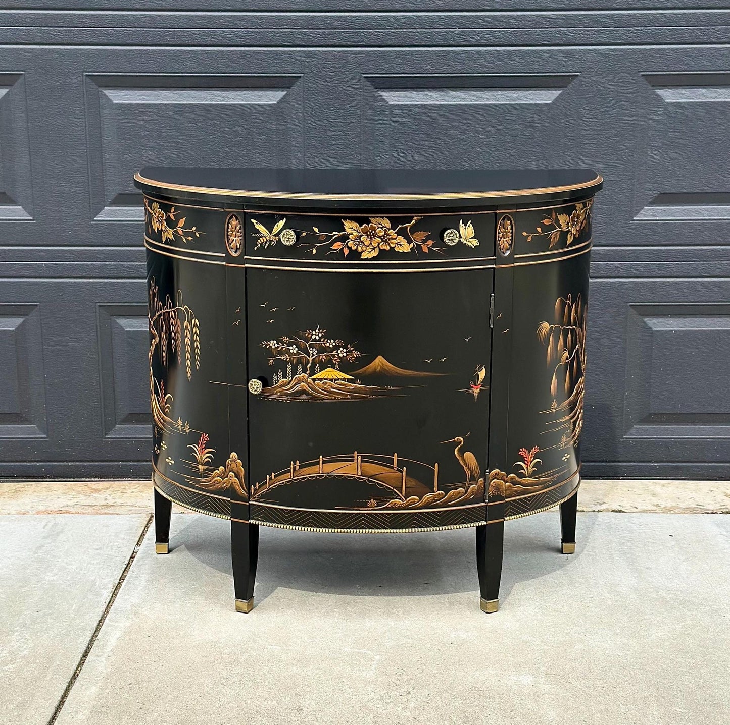 Vintage Chinoiserie Black Lacquer Demi-Lune Cabinet