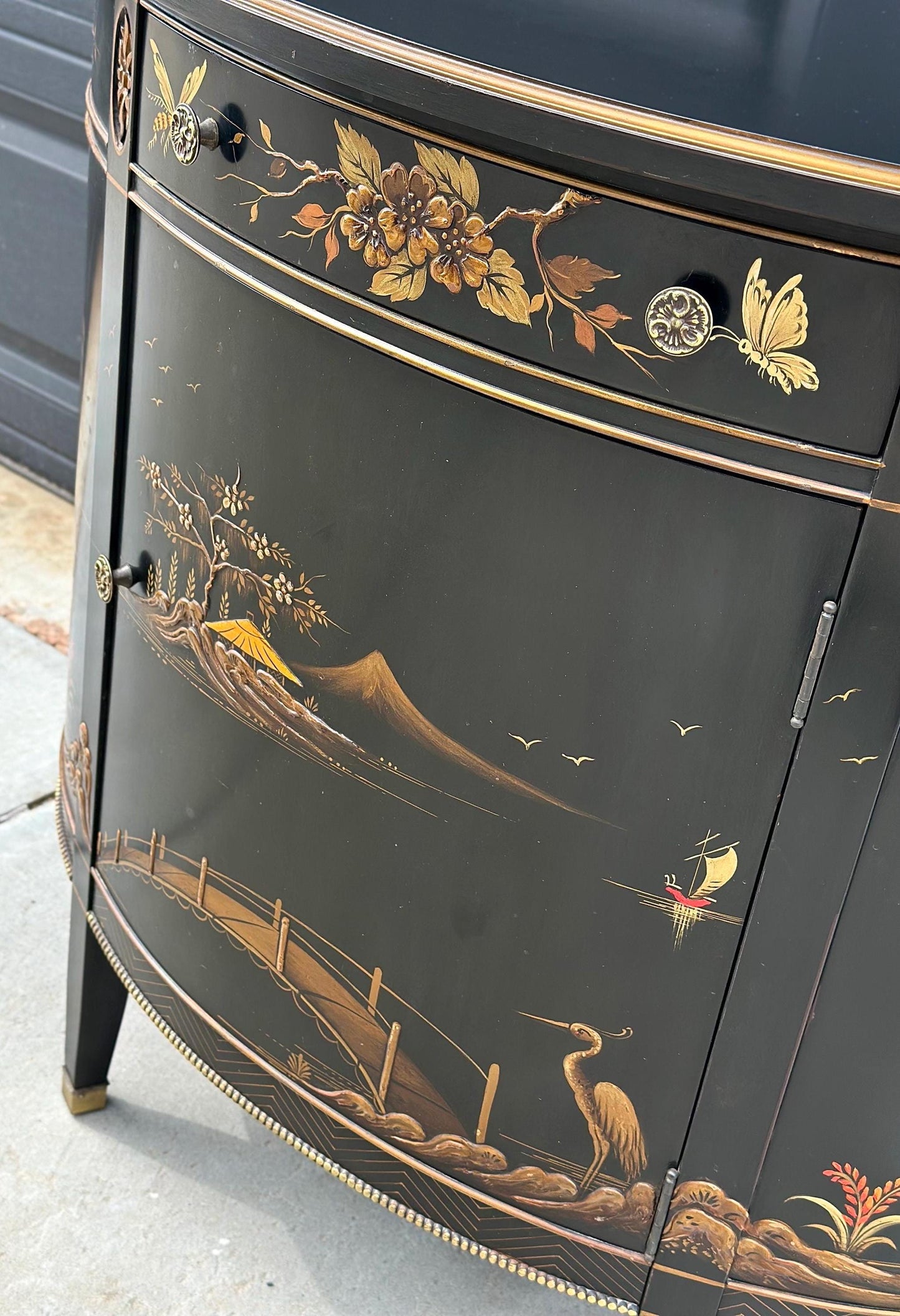 Vintage Chinoiserie Black Lacquer Demi-Lune Cabinet