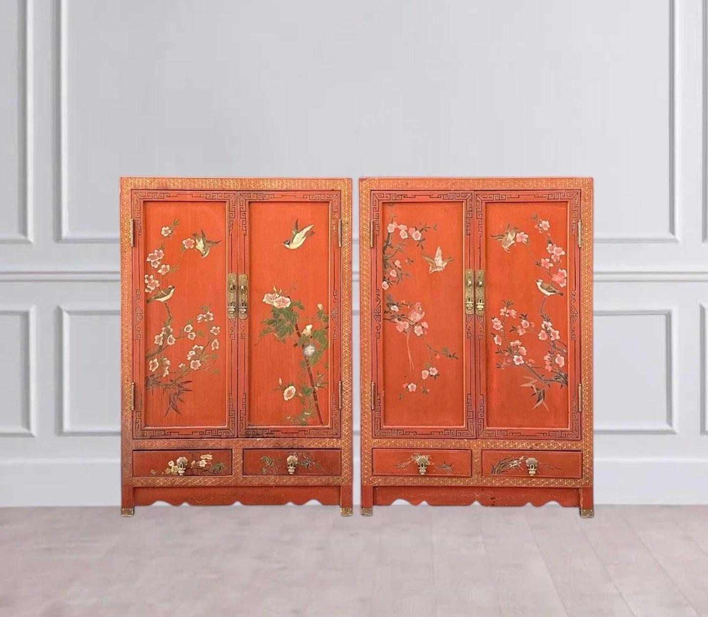 Vintage 1950's Oriental Red Lacquer Cabinets - a Pair