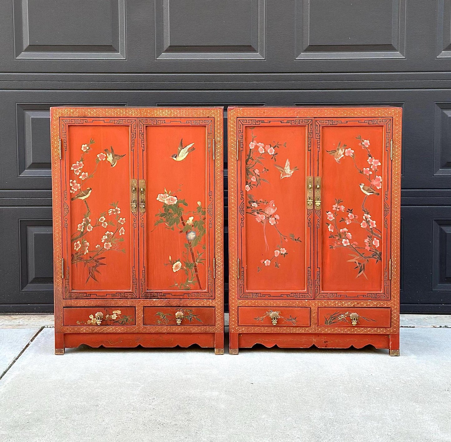 Vintage 1950's Oriental Red Lacquer Cabinets - a Pair