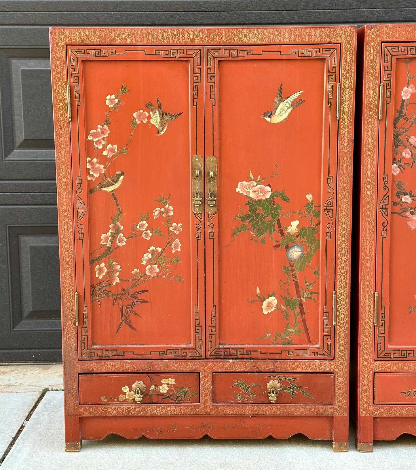 Vintage 1950's Oriental Red Lacquer Cabinets - a Pair