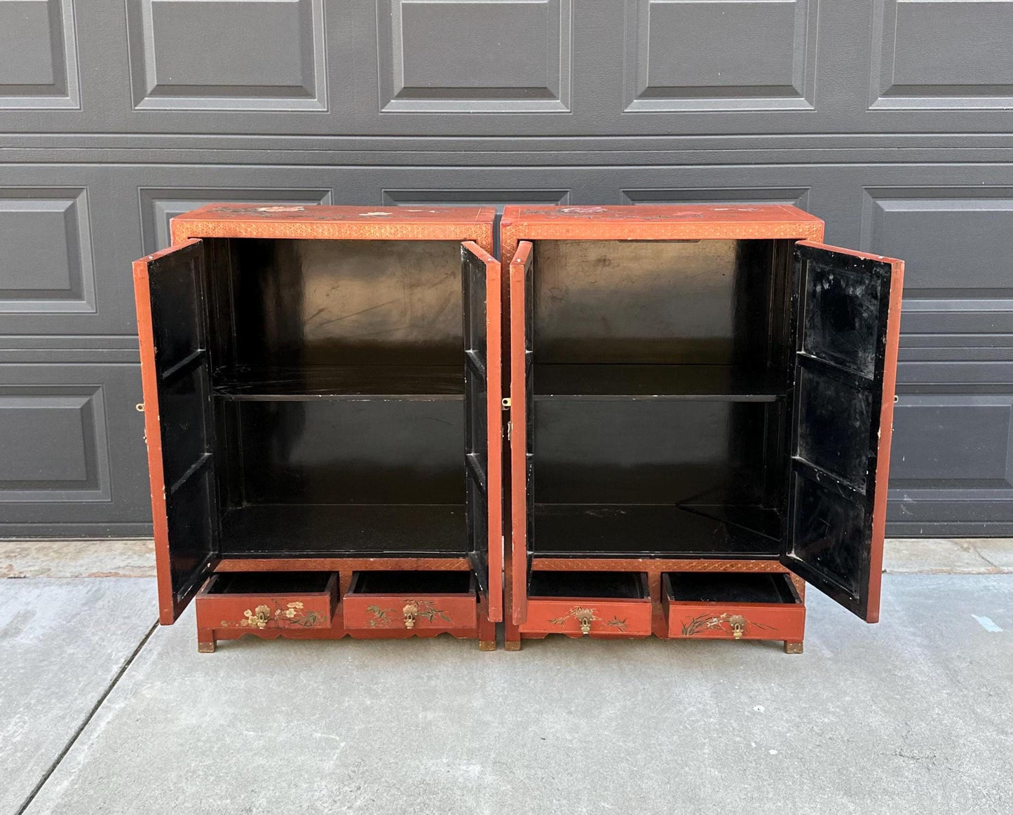 Vintage 1950's Oriental Red Lacquer Cabinets - a Pair