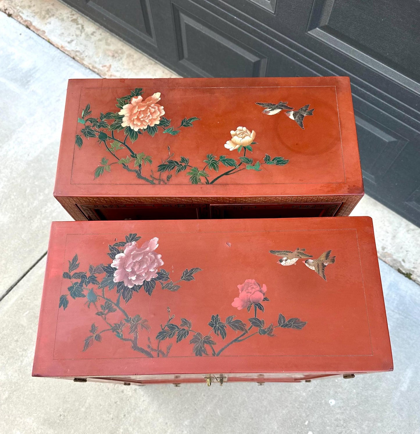 Vintage 1950's Oriental Red Lacquer Cabinets - a Pair