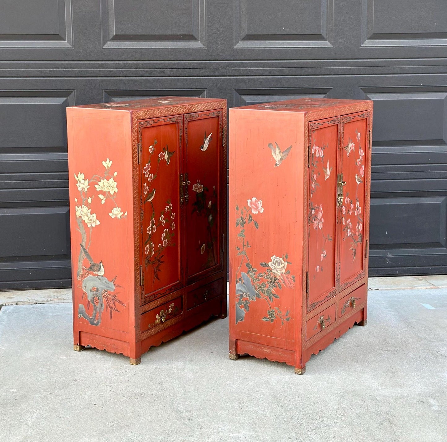 Vintage 1950's Oriental Red Lacquer Cabinets - a Pair