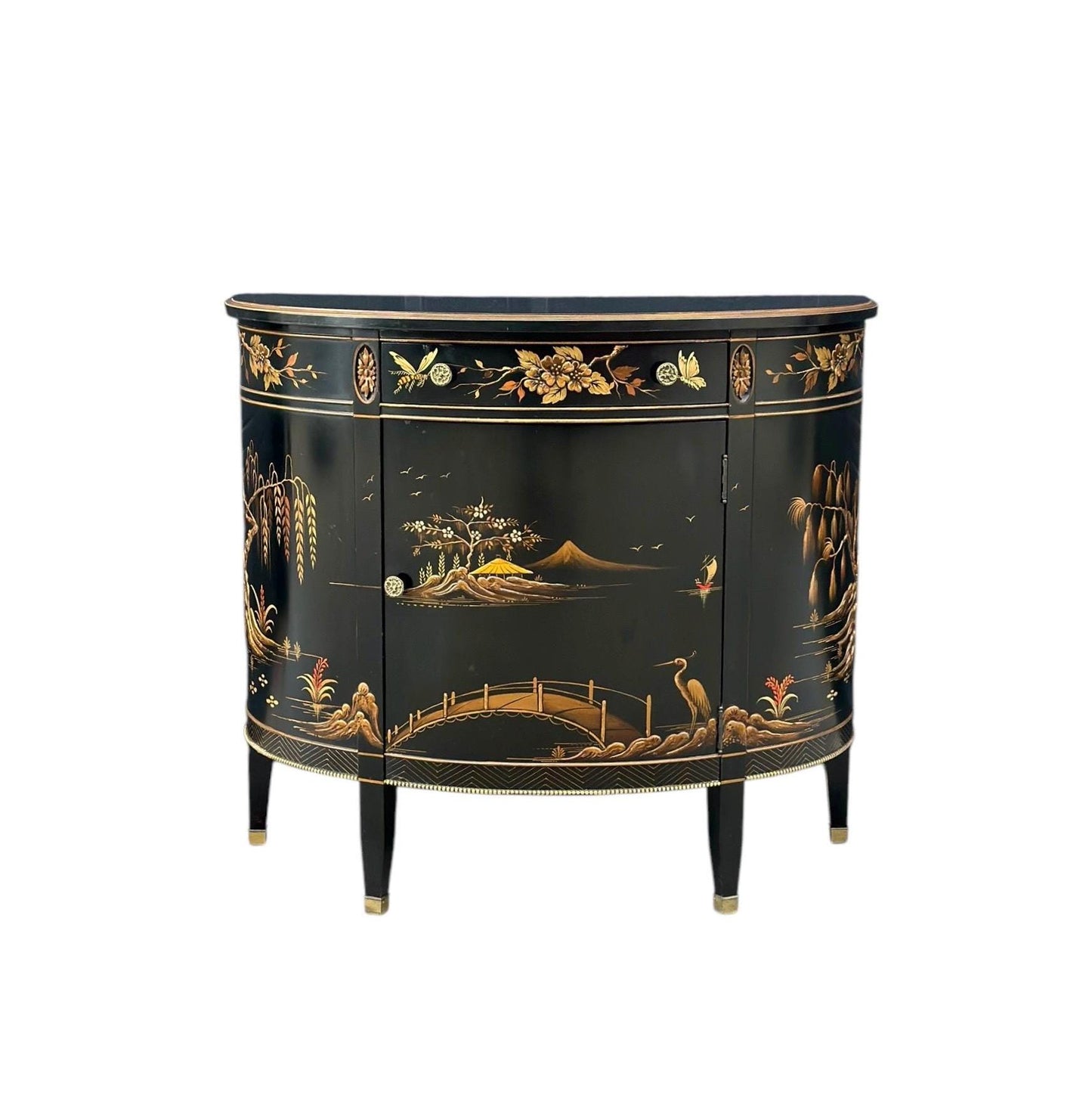 Vintage Chinoiserie Black Lacquer Demi-Lune Cabinet