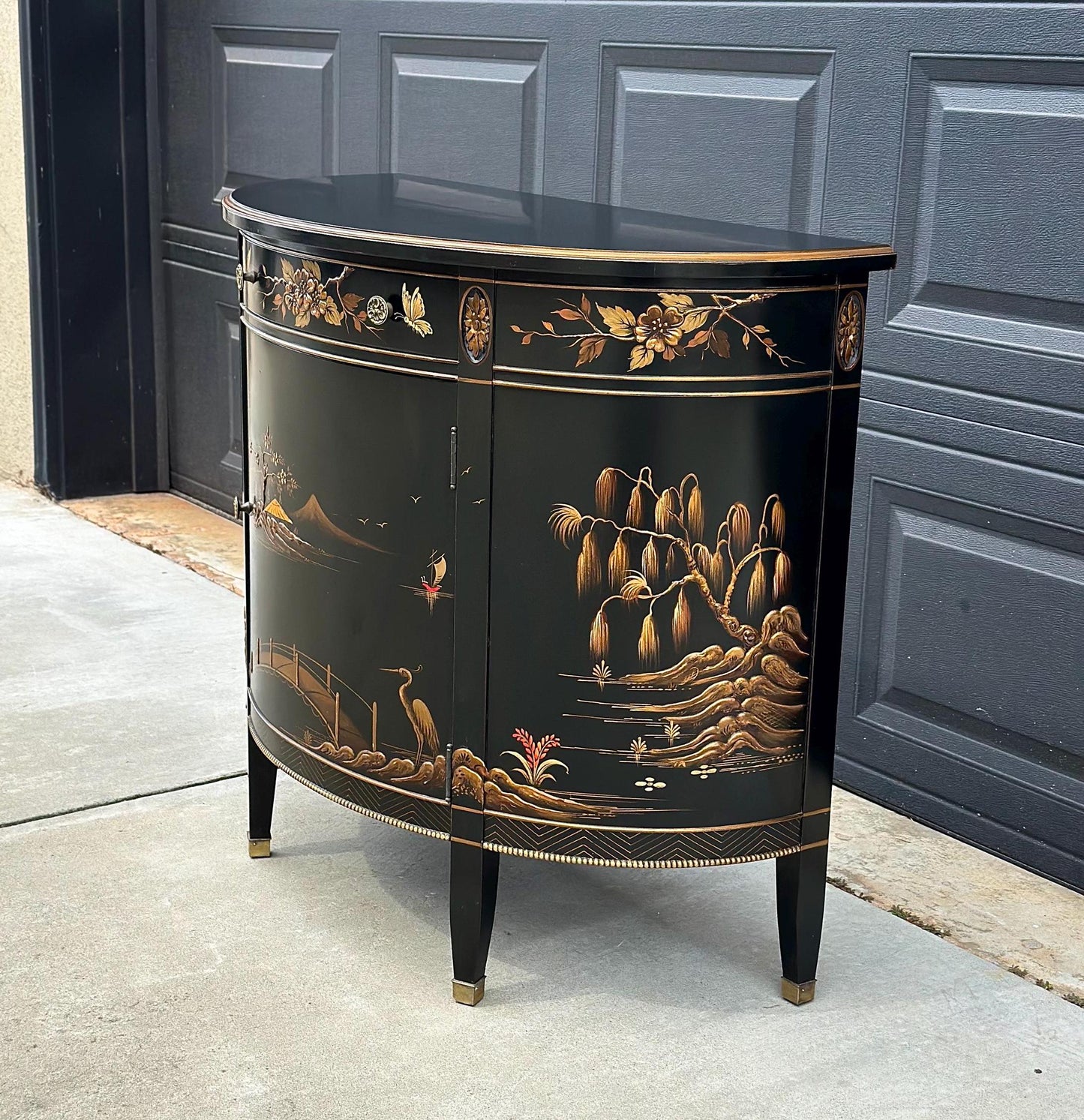 Vintage Chinoiserie Black Lacquer Demi-Lune Cabinet
