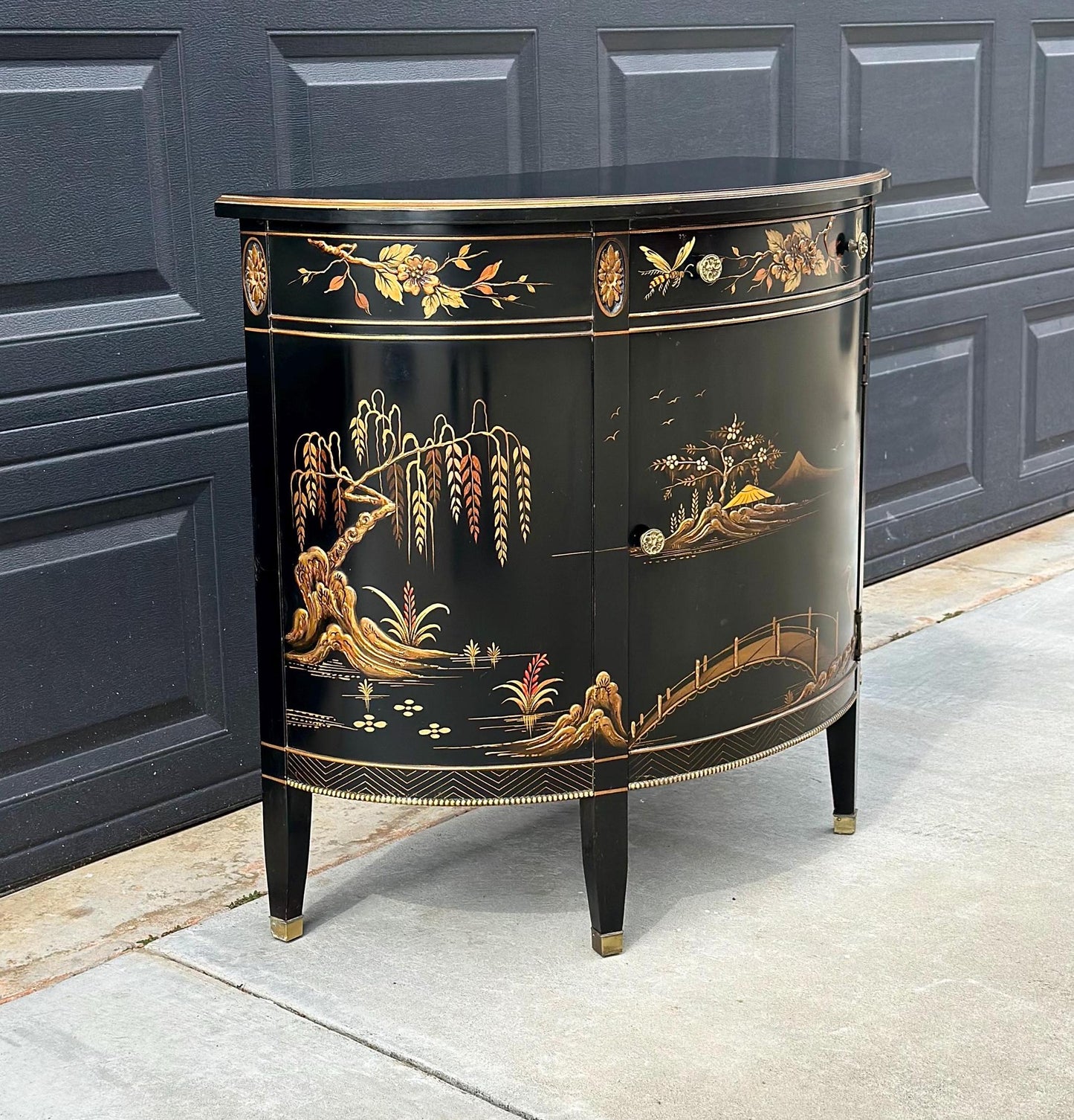Vintage Chinoiserie Black Lacquer Demi-Lune Cabinet