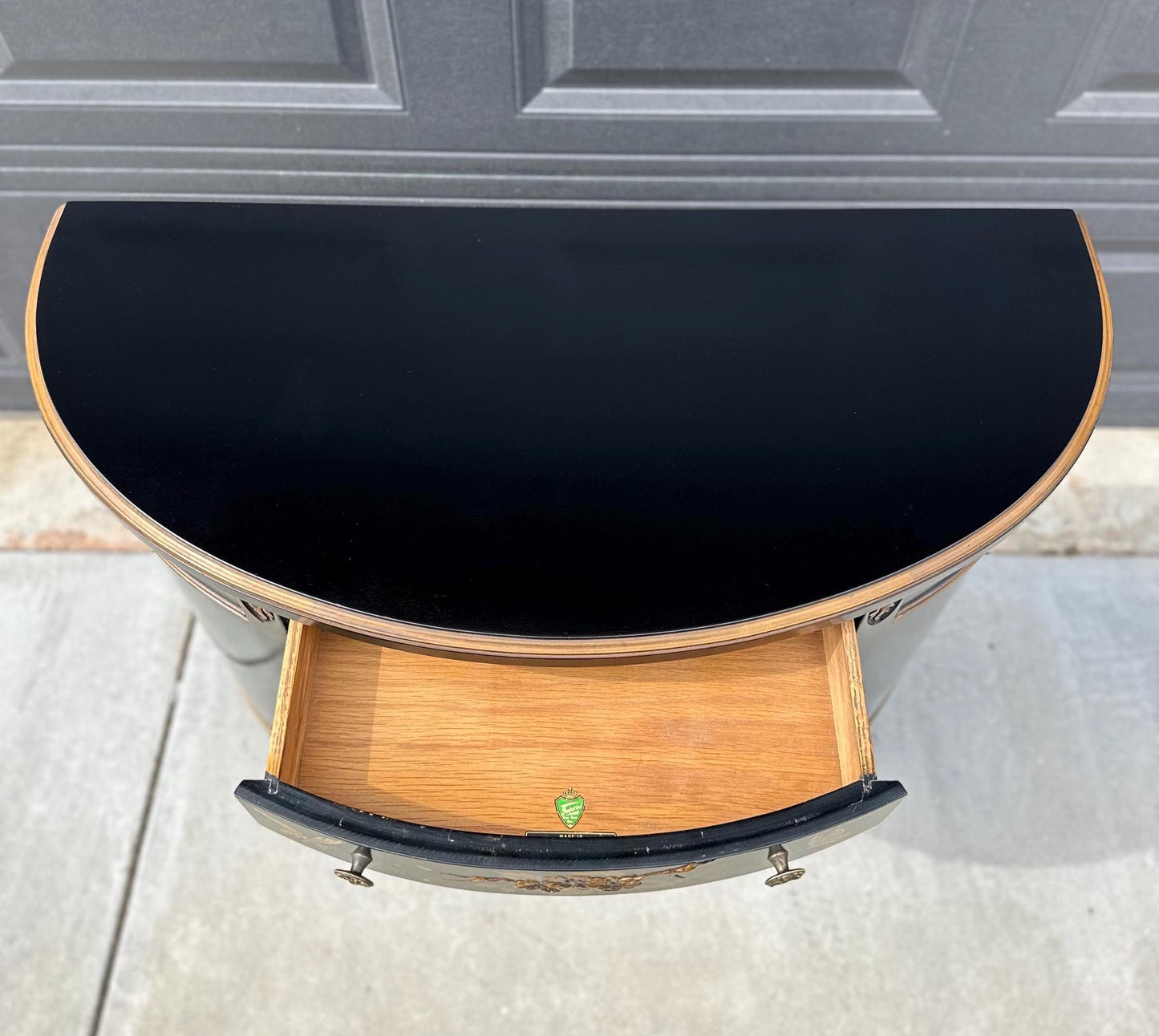 Vintage Chinoiserie Black Lacquer Demi-Lune Cabinet