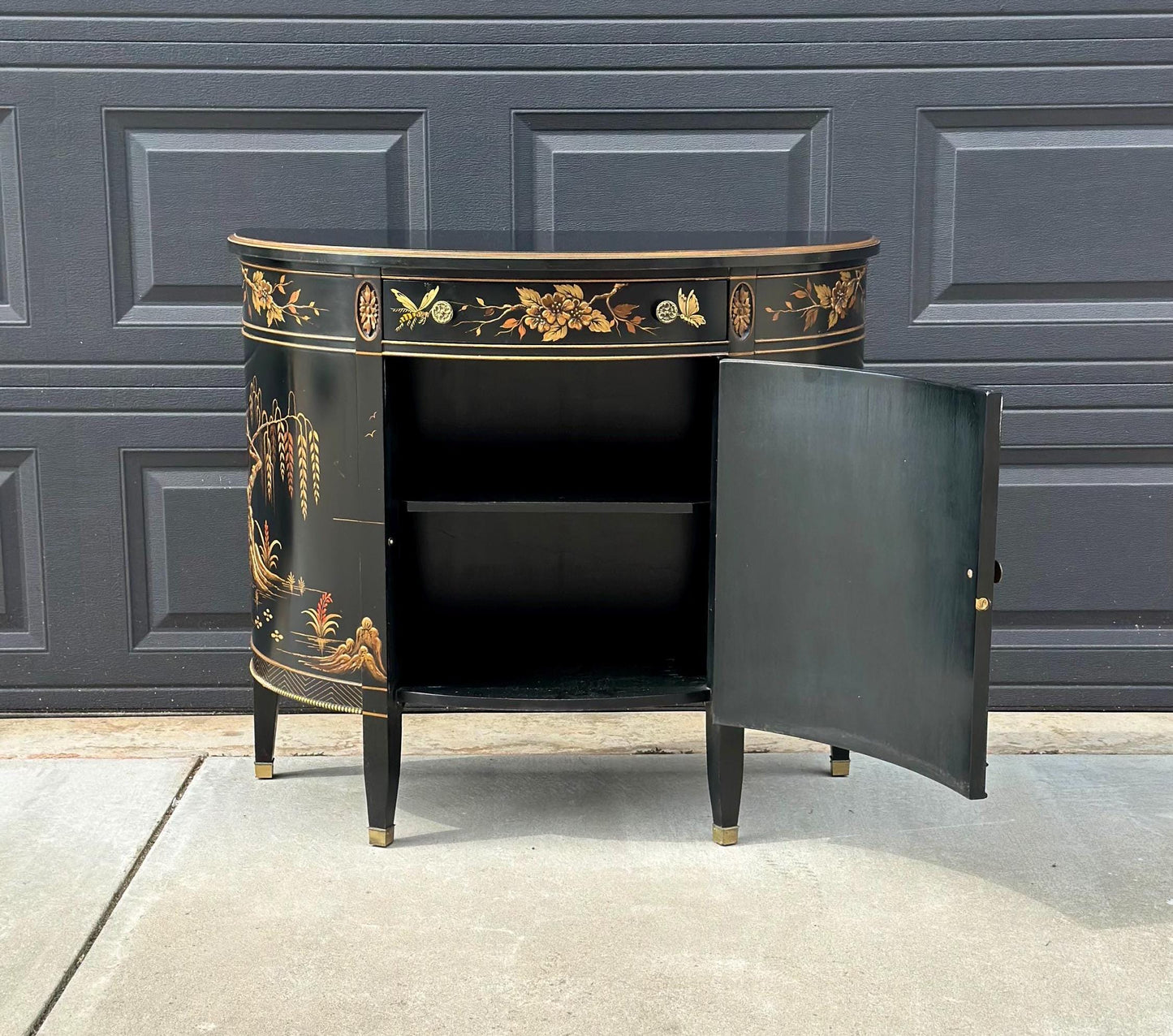 Vintage Chinoiserie Black Lacquer Demi-Lune Cabinet