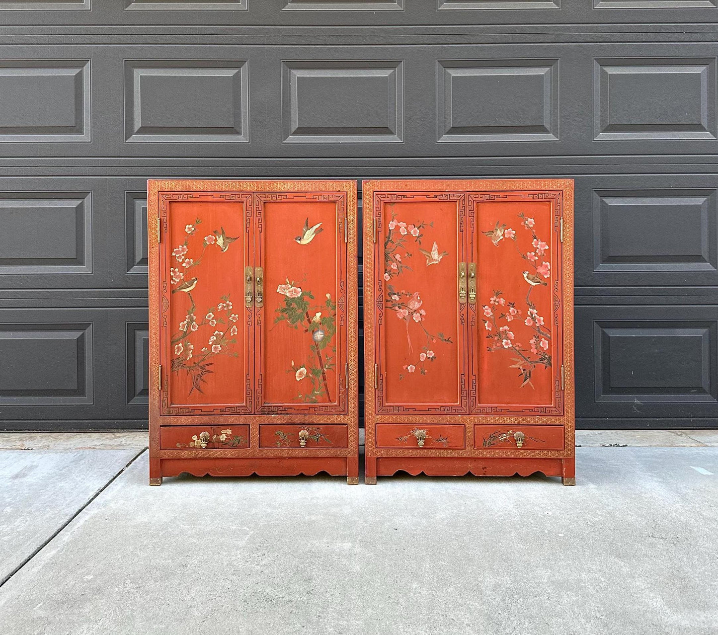 Vintage 1950's Oriental Red Lacquer Cabinets - a Pair