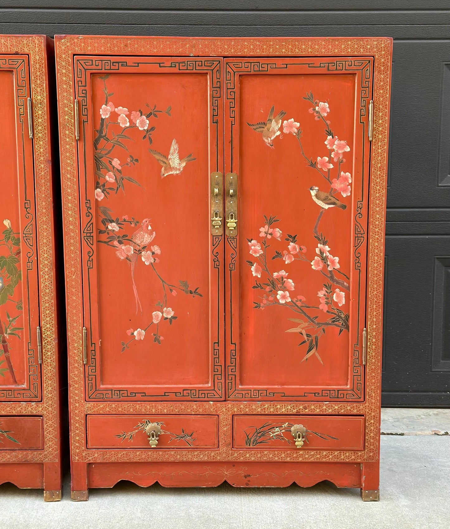Vintage 1950's Oriental Red Lacquer Cabinets - a Pair