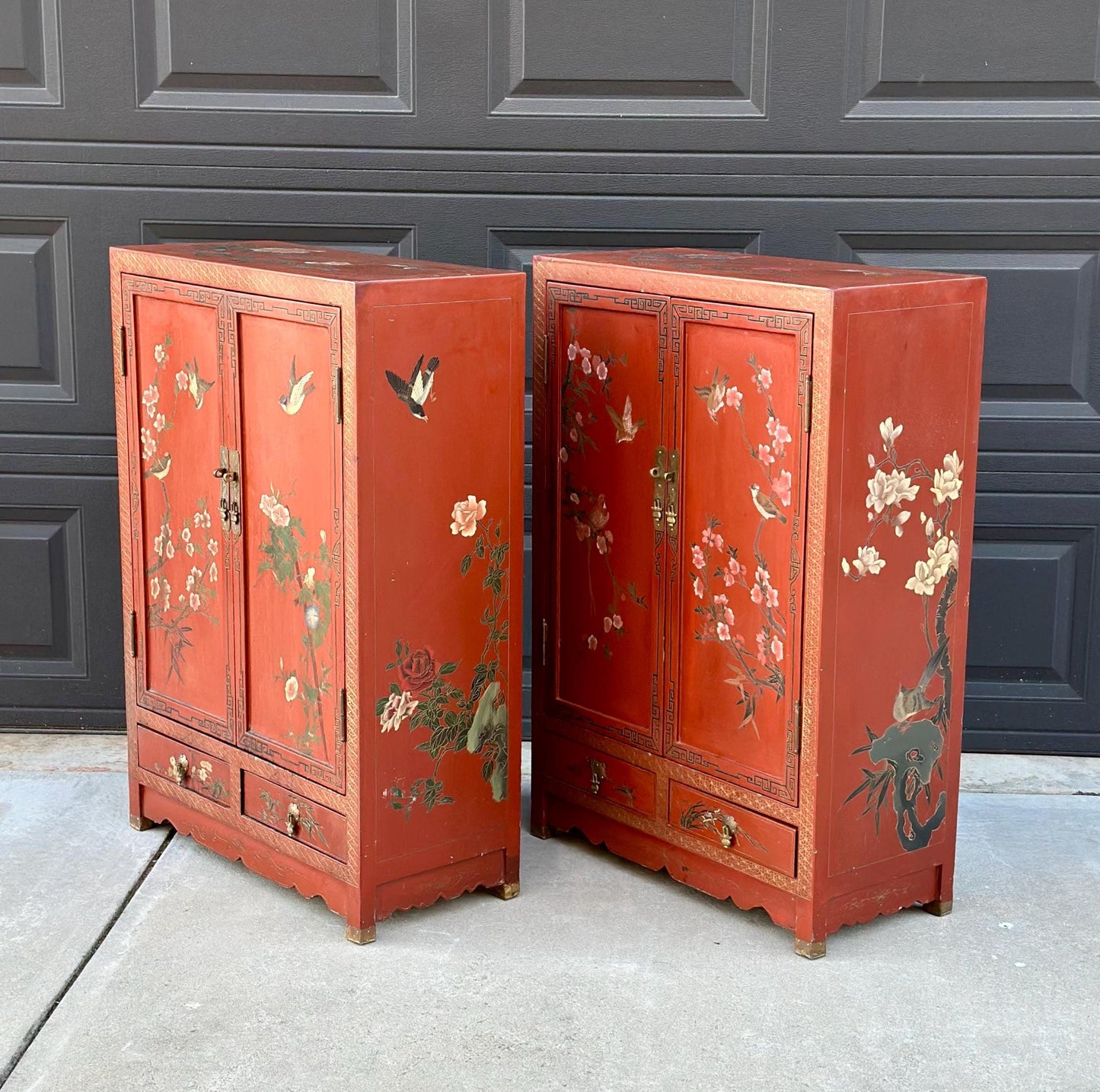 Vintage 1950's Oriental Red Lacquer Cabinets - a Pair