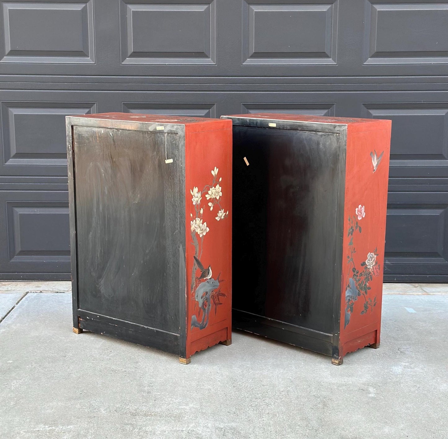 Vintage 1950's Oriental Red Lacquer Cabinets - a Pair