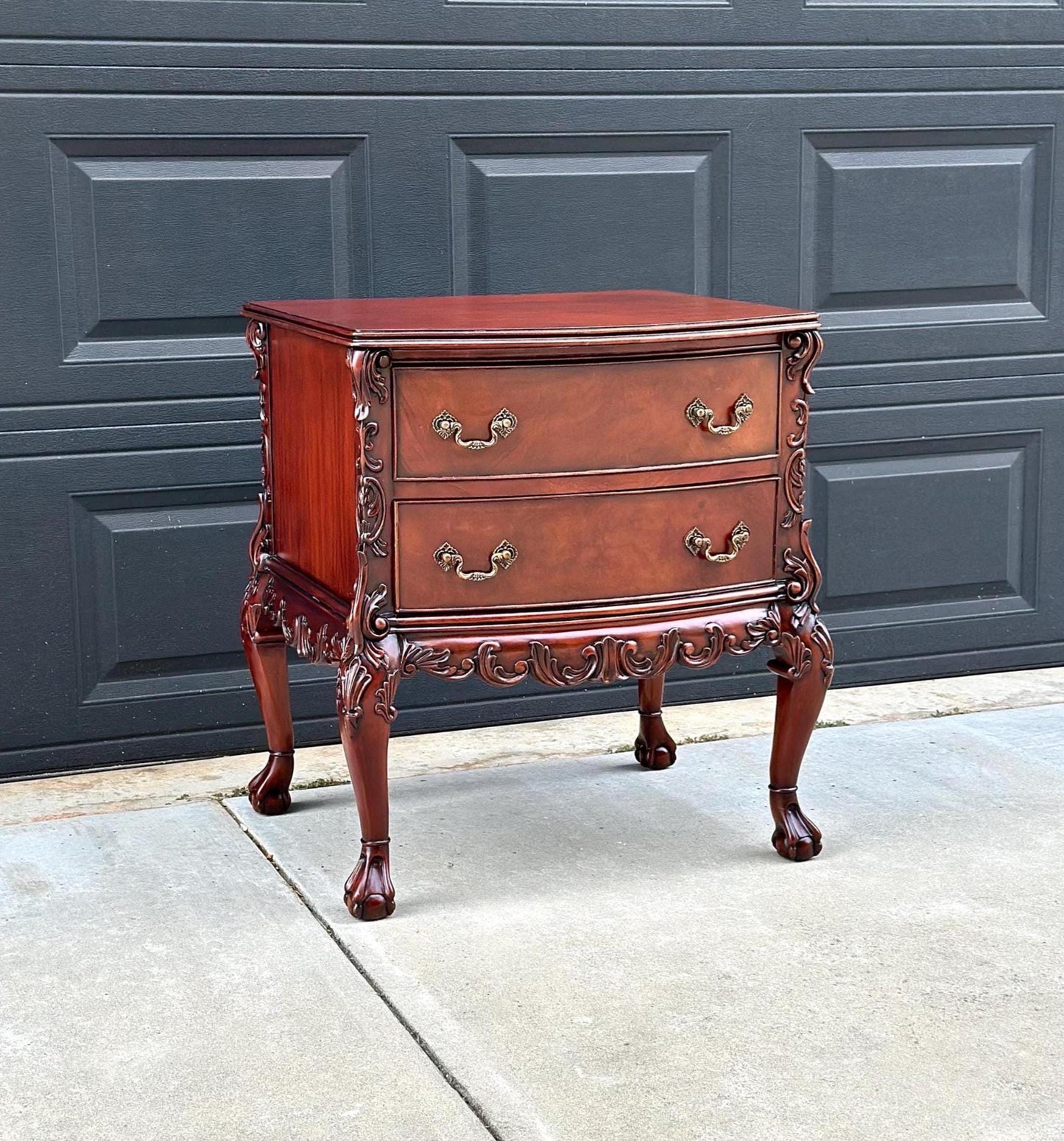 Vintage 1970's Mahogany Two Drawer Carved Ball in Claw French Chest