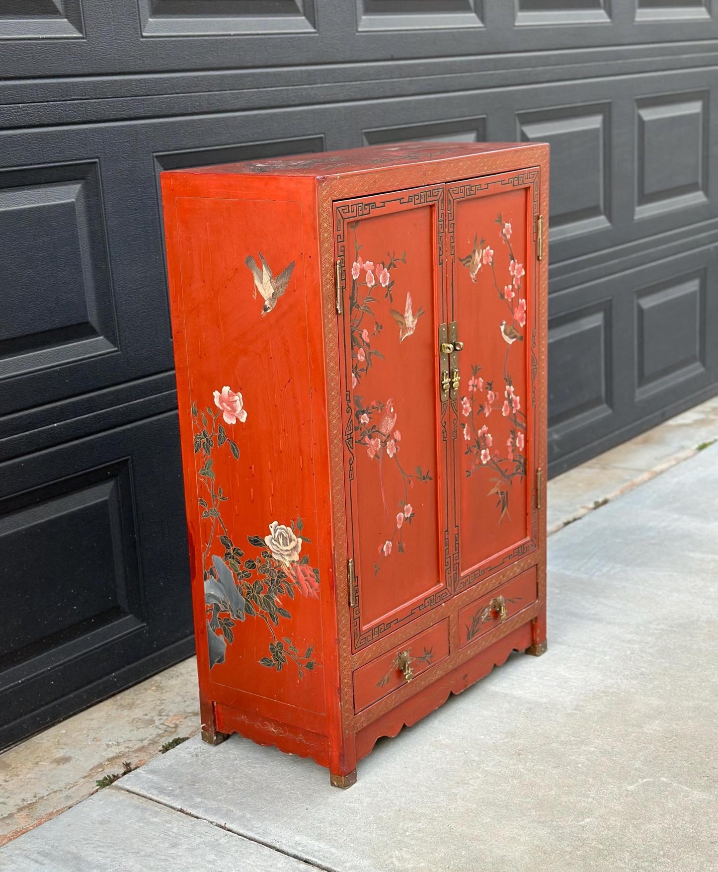 Vintage 1950's Oriental Hand Painted Red Lacquer Cabinet