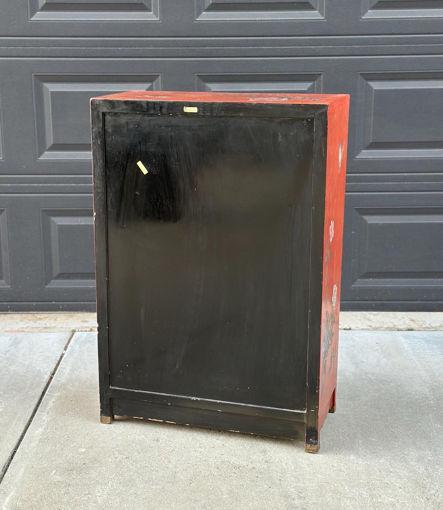 Vintage 1950's Oriental Hand Painted Red Lacquer Cabinet