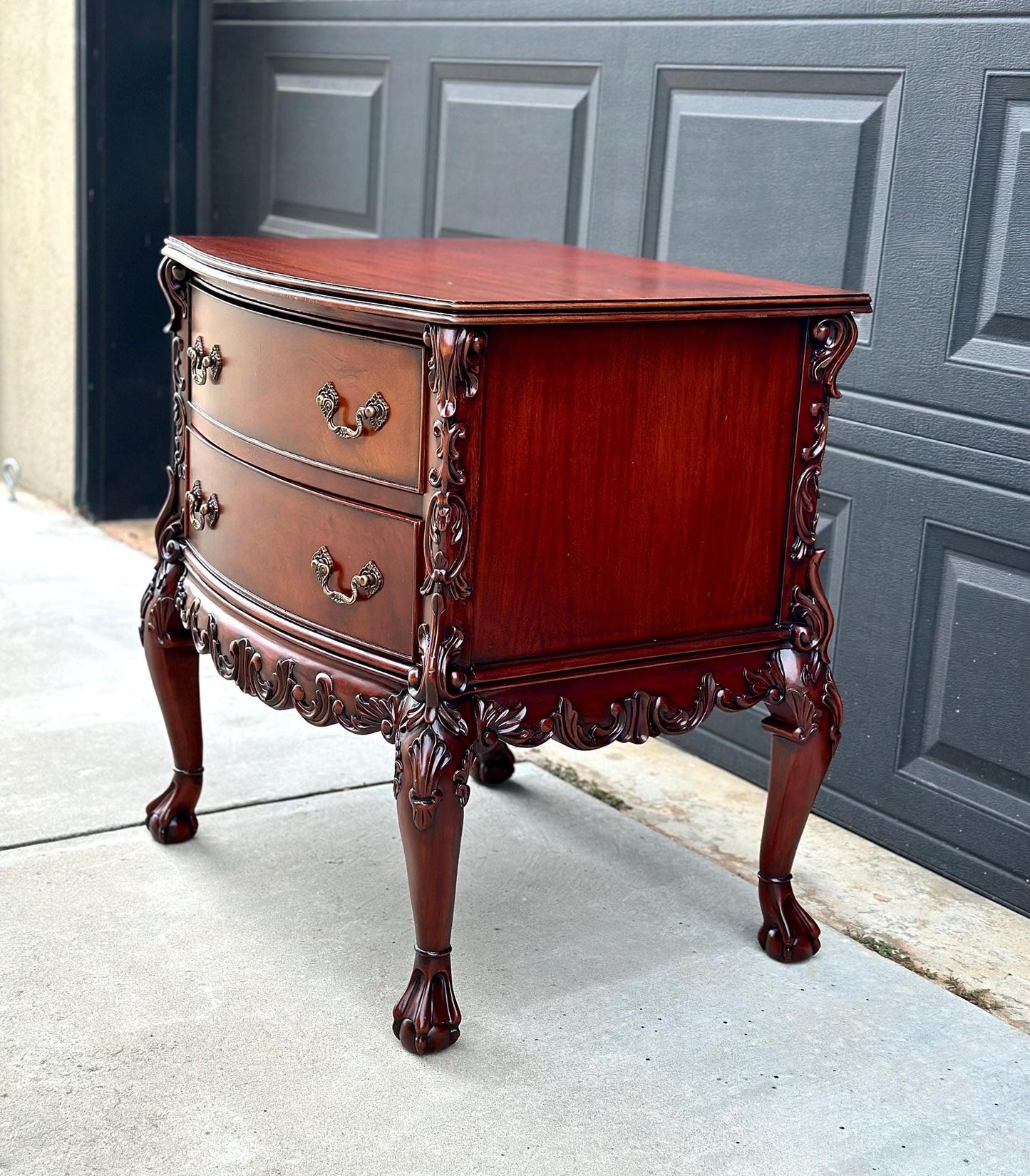 Vintage 1970's Mahogany Two Drawer Carved Ball in Claw French Chest