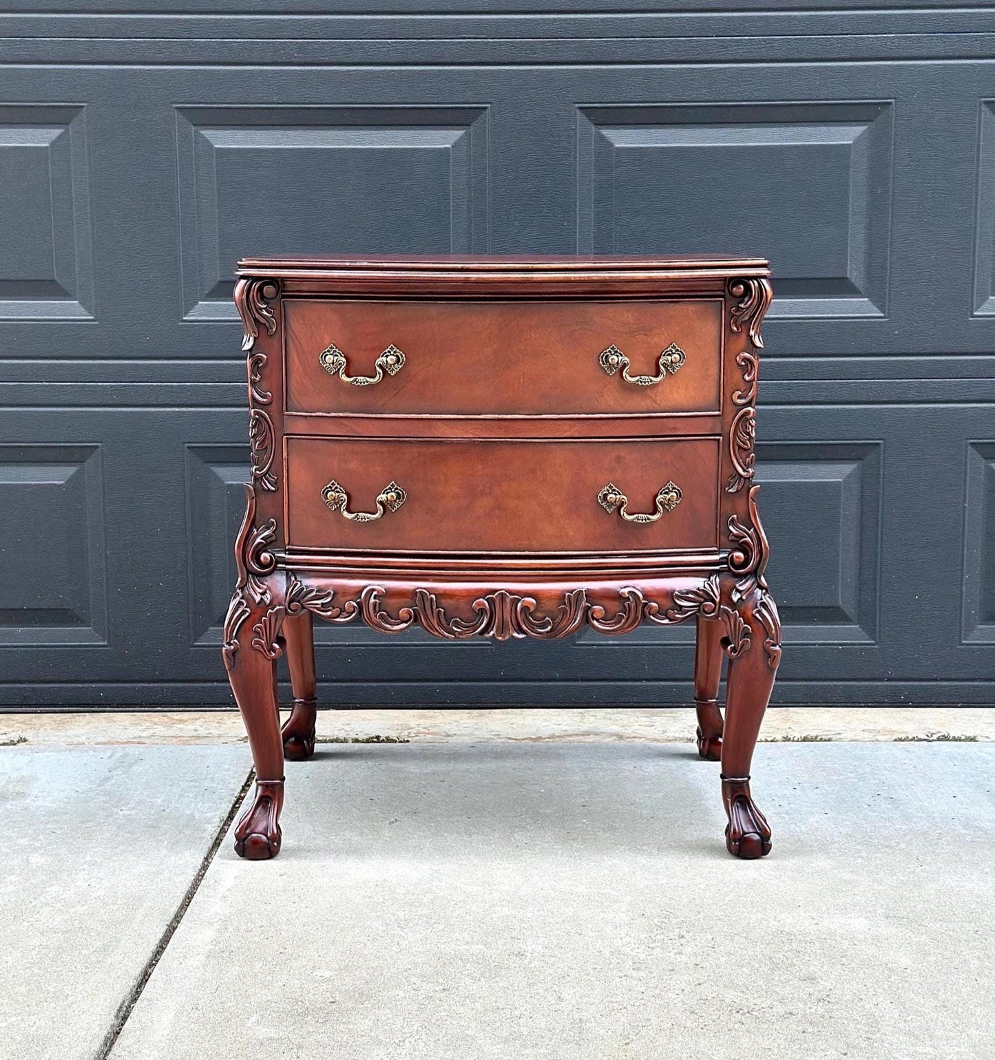 Vintage 1970's Mahogany Two Drawer Carved Ball in Claw French Chest