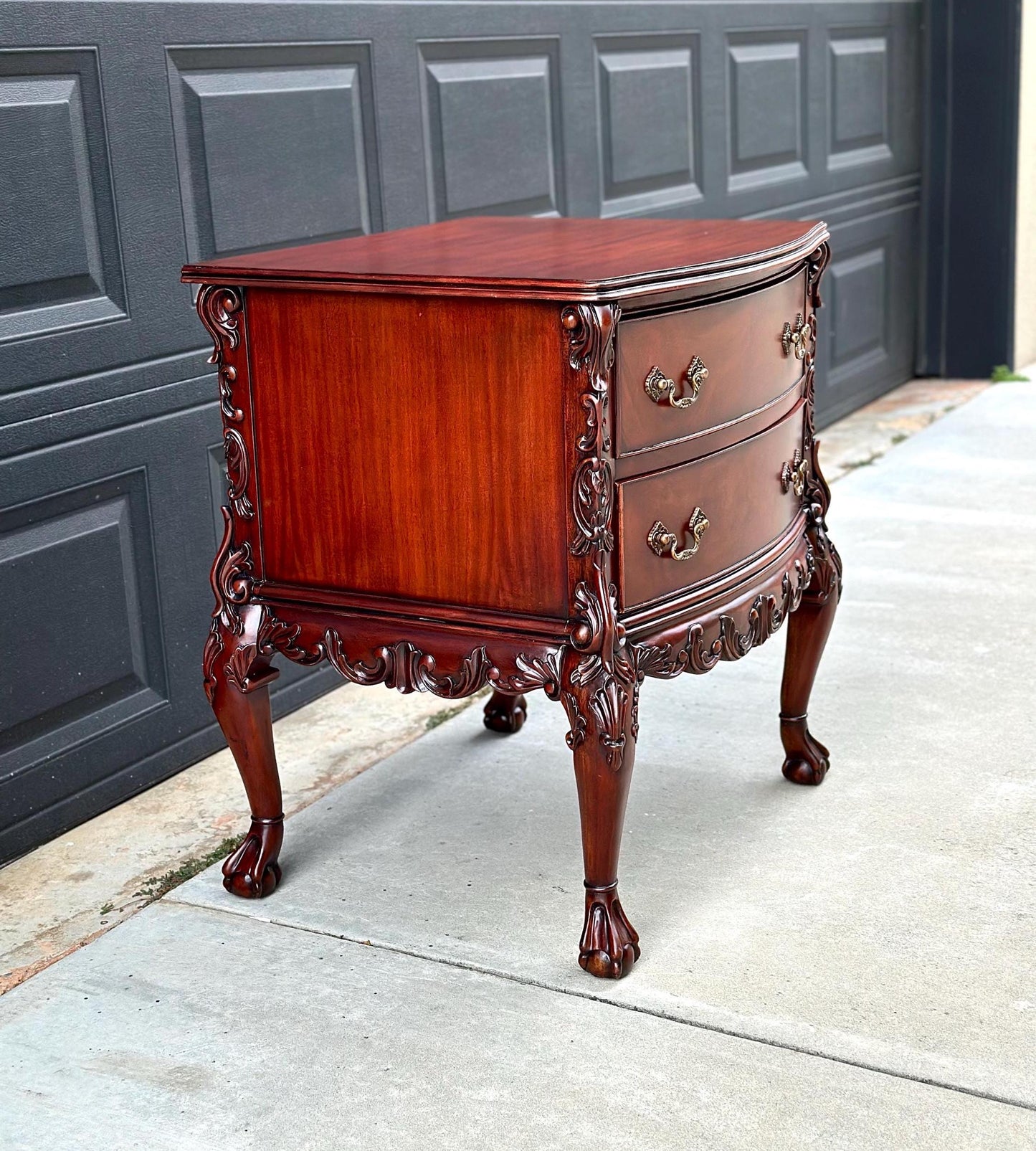 Vintage 1970's Mahogany Two Drawer Carved Ball in Claw French Chest