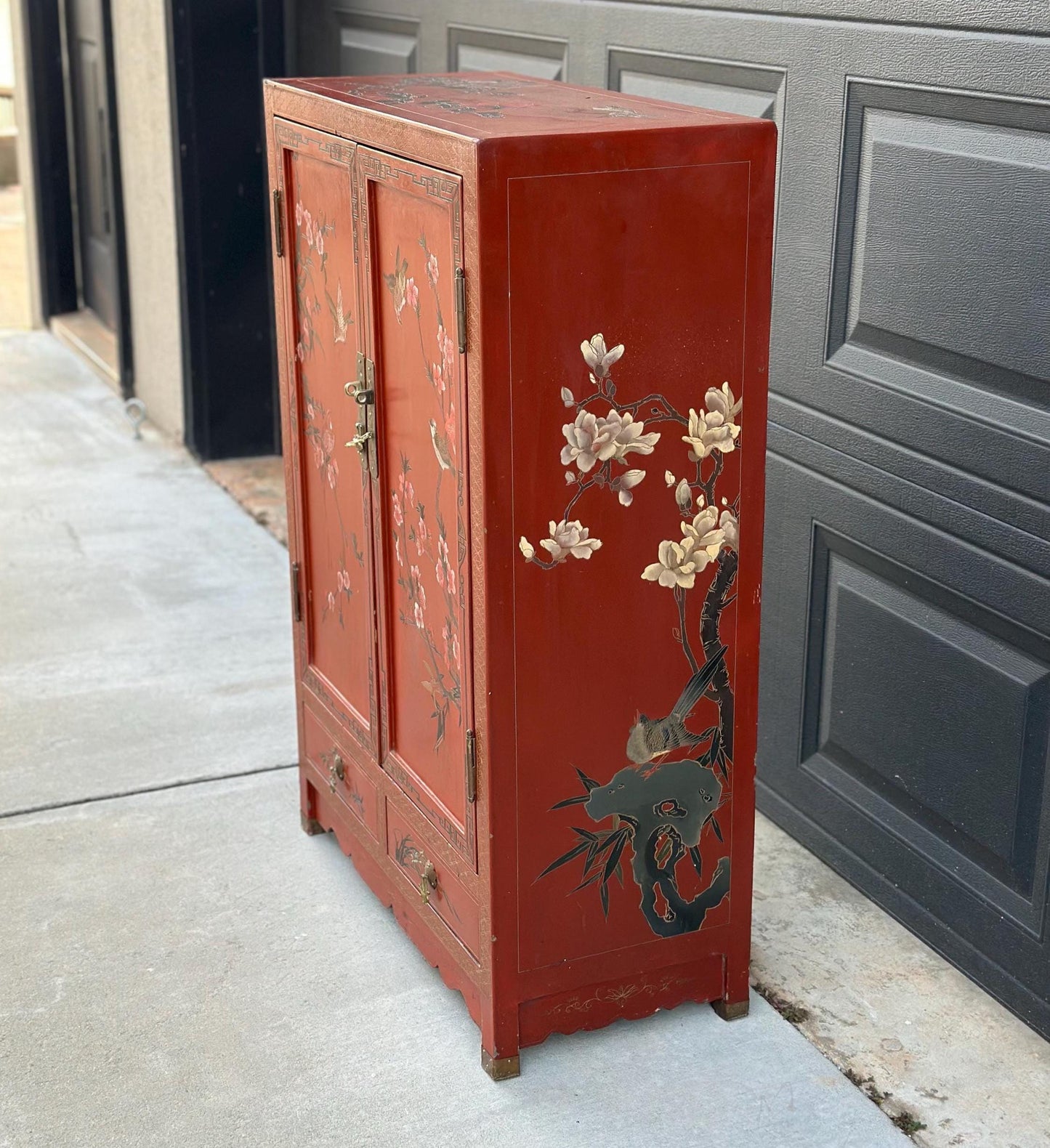 Vintage 1950's Oriental Hand Painted Red Lacquer Cabinet