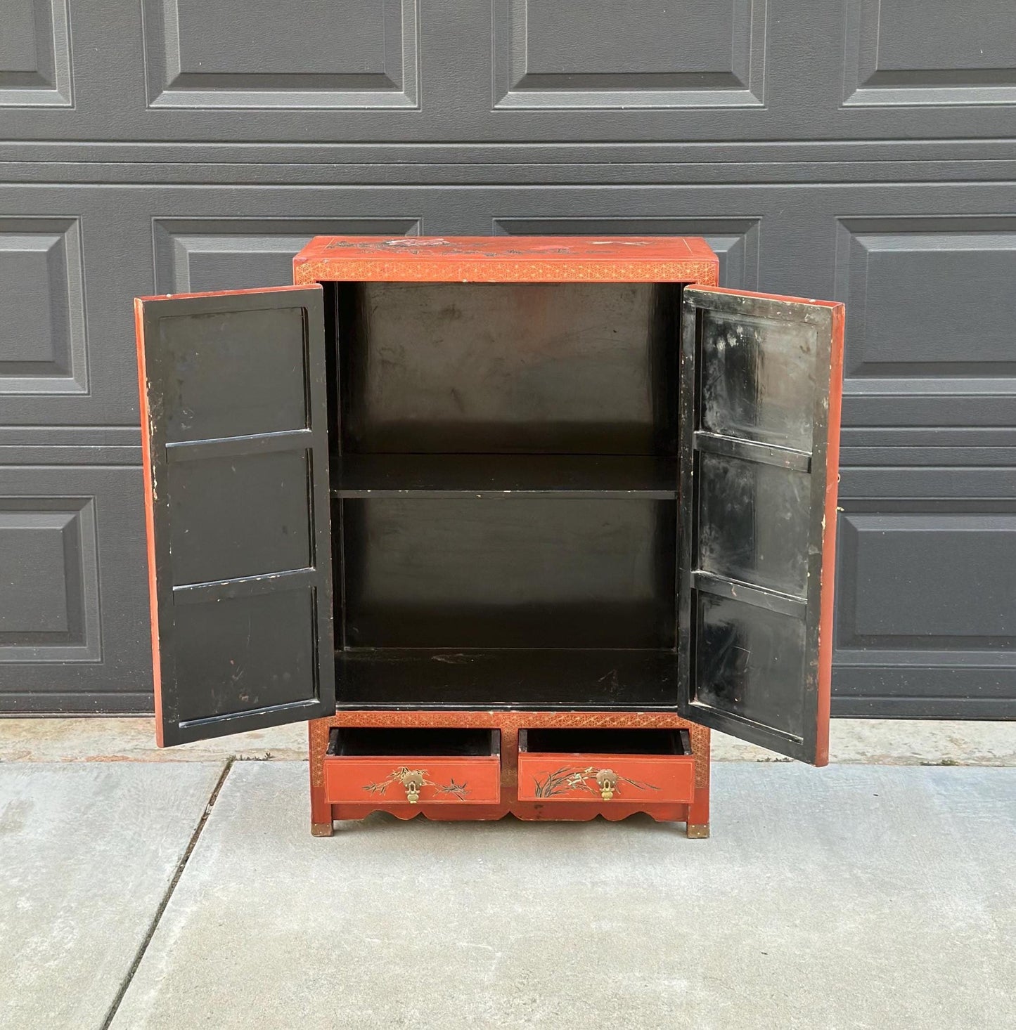 Vintage 1950's Oriental Hand Painted Red Lacquer Cabinet