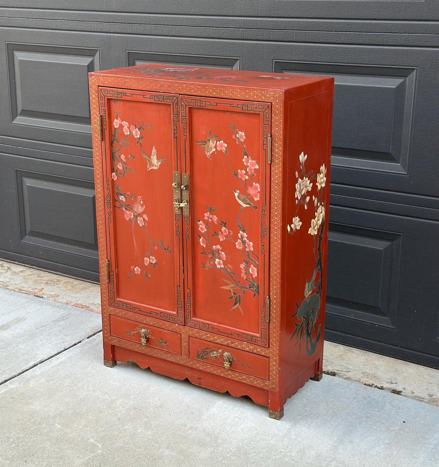 Vintage 1950's Oriental Hand Painted Red Lacquer Cabinet