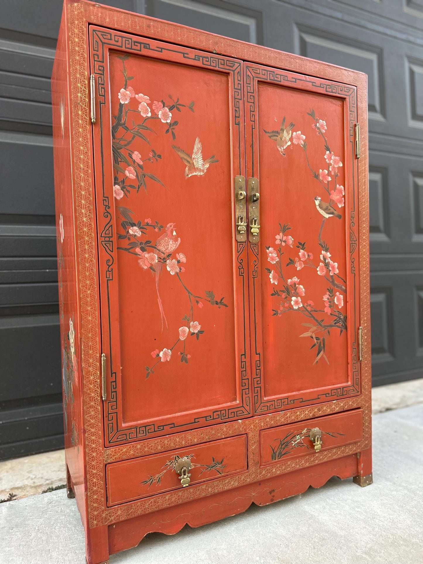 Vintage 1950's Oriental Hand Painted Red Lacquer Cabinet