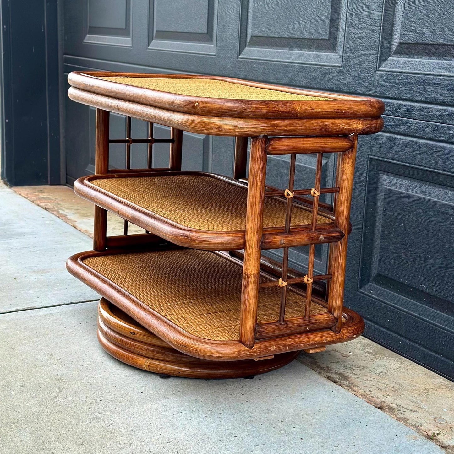 Vintage 1970's Swiveling Three Tier Rattan & Cane Table