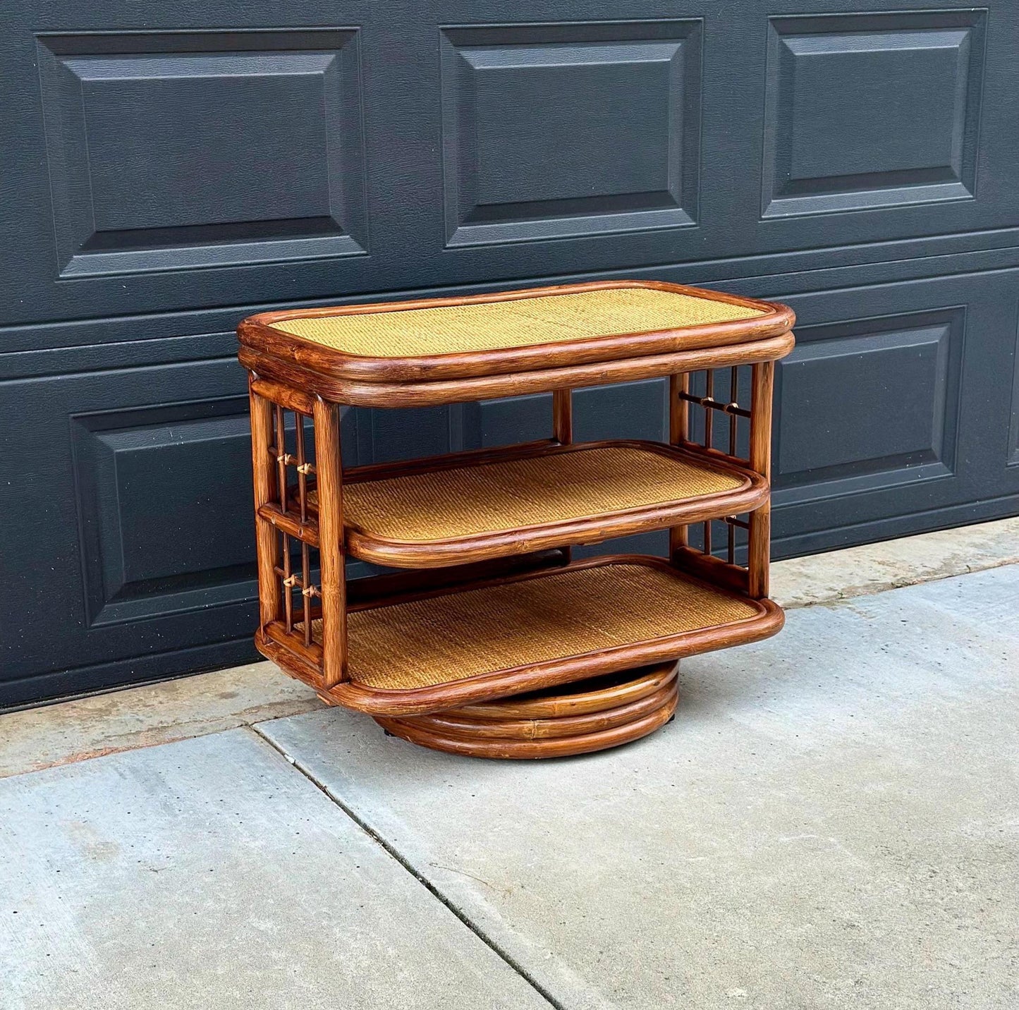 Vintage 1970's Swiveling Three Tier Rattan & Cane Table