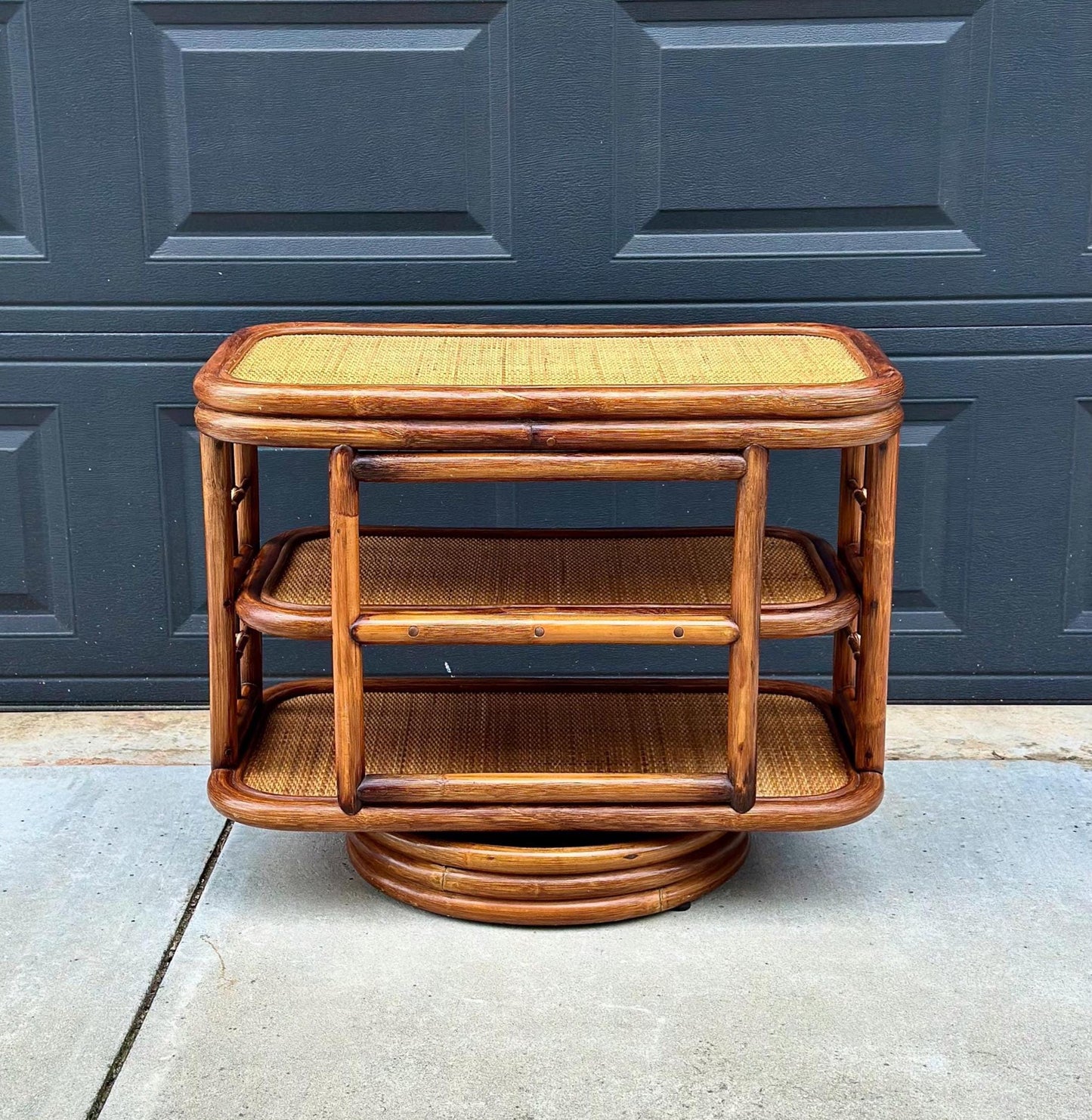 Vintage 1970's Swiveling Three Tier Rattan & Cane Table