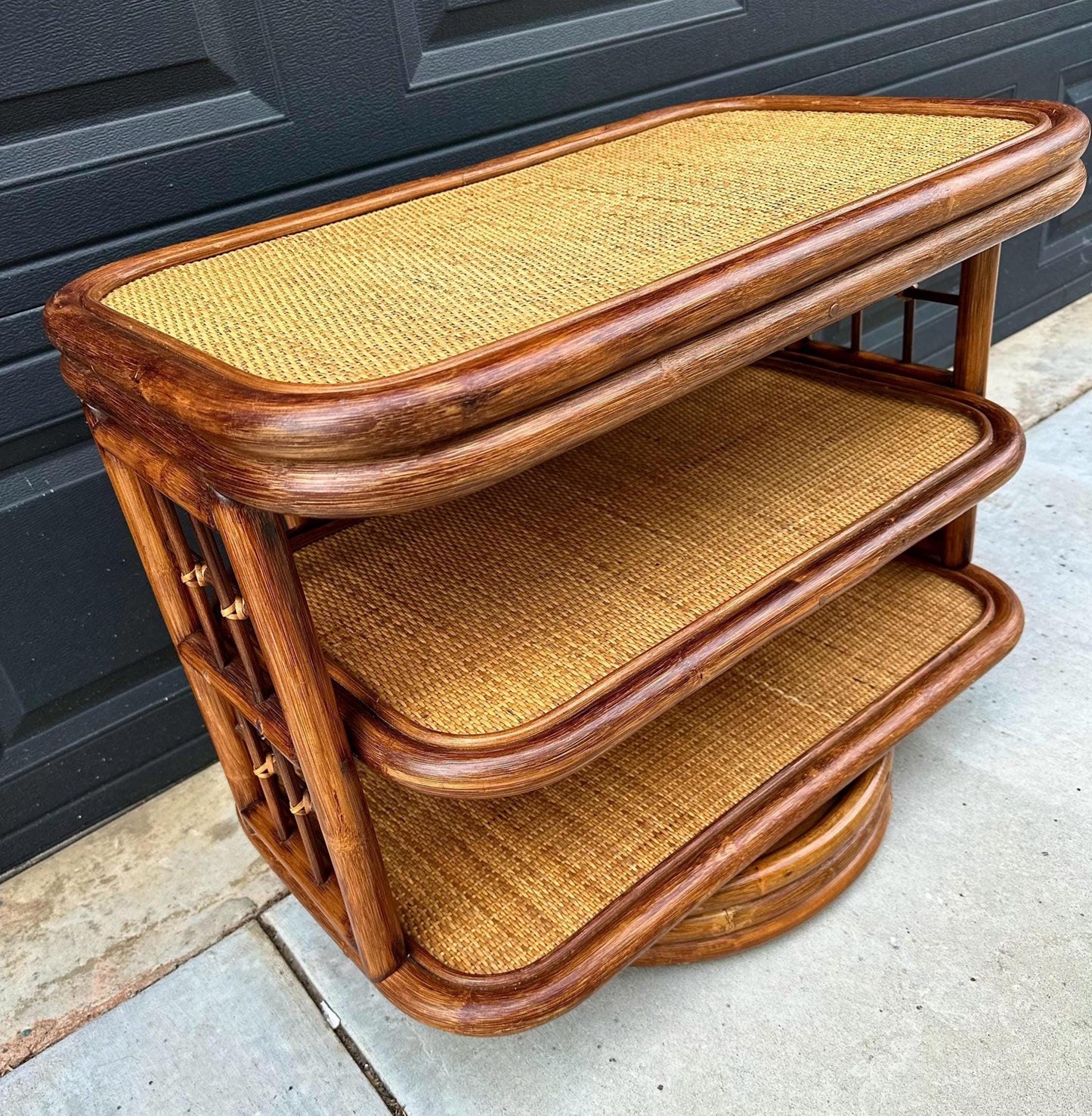 Vintage 1970's Swiveling Three Tier Rattan & Cane Table