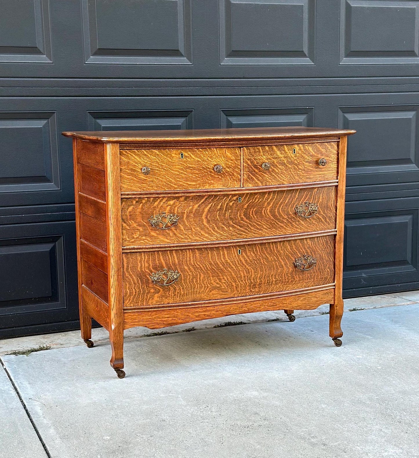 Antique 1920's Tiger Oak Four Drawer Chest on Casters