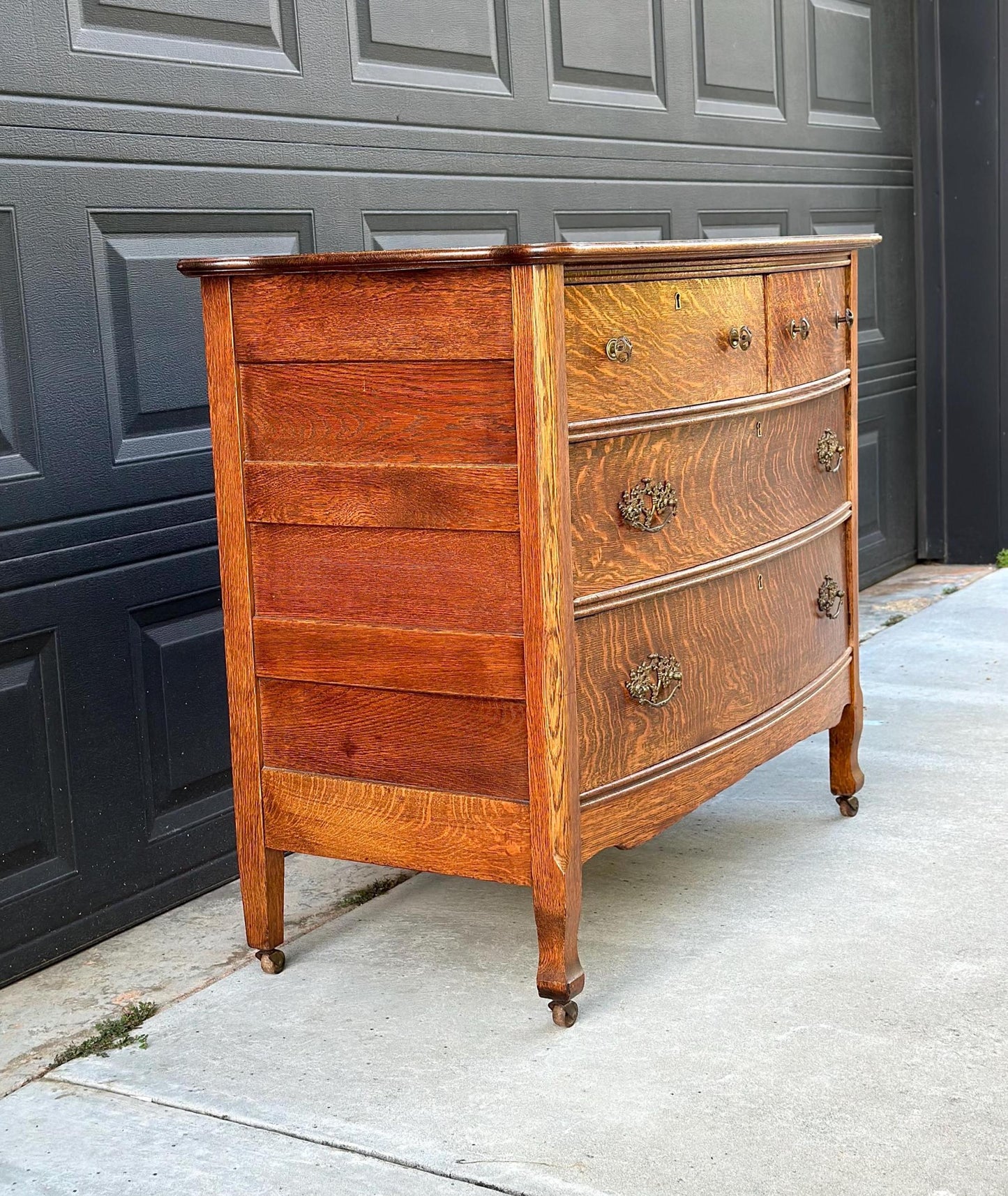 Antique 1920's Tiger Oak Four Drawer Chest on Casters