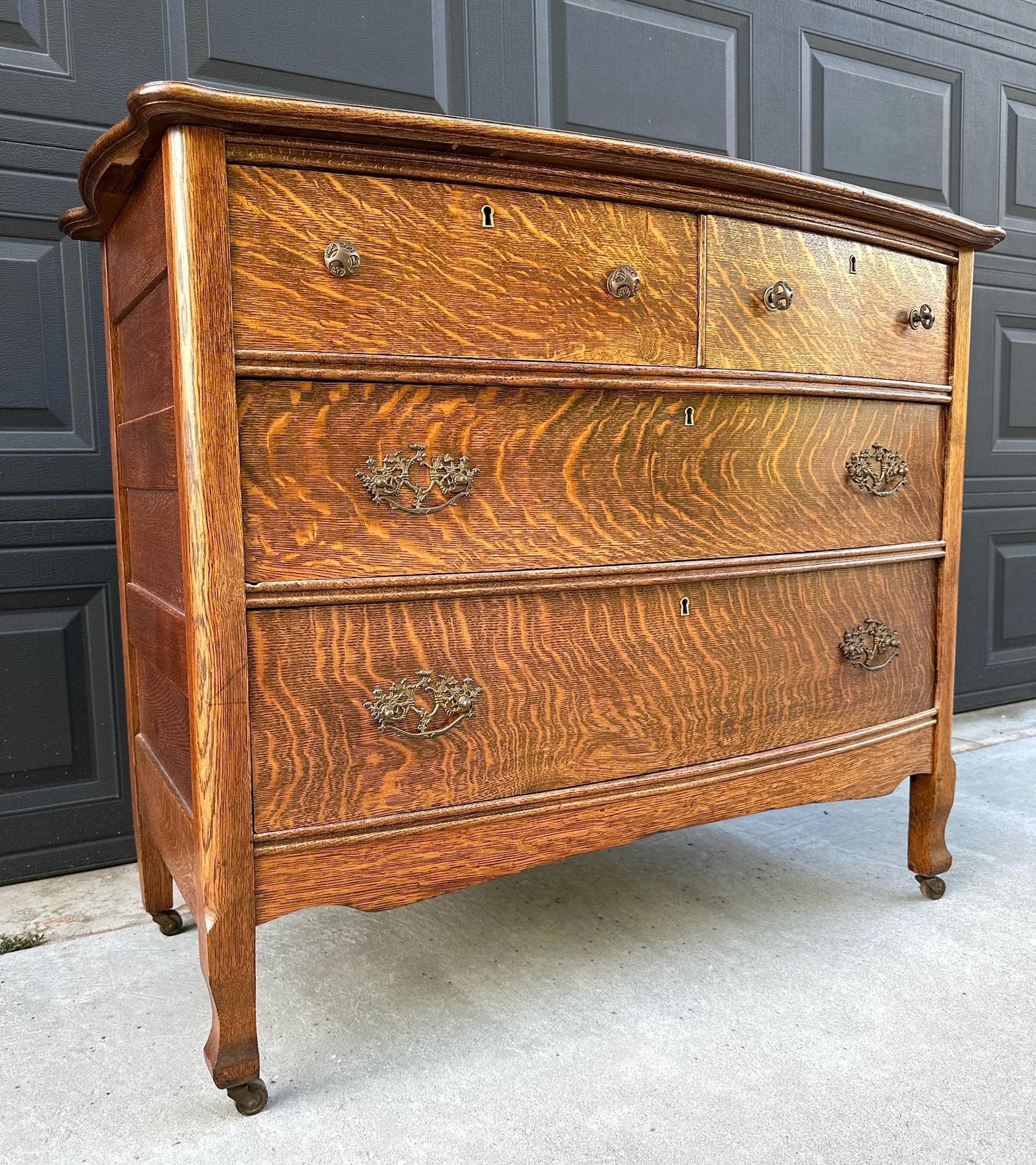 Antique 1920's Tiger Oak Four Drawer Chest on Casters