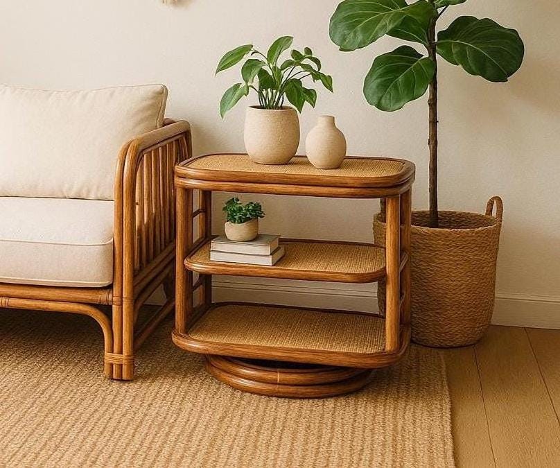 Vintage 1970's Swiveling Three Tier Rattan & Cane Table