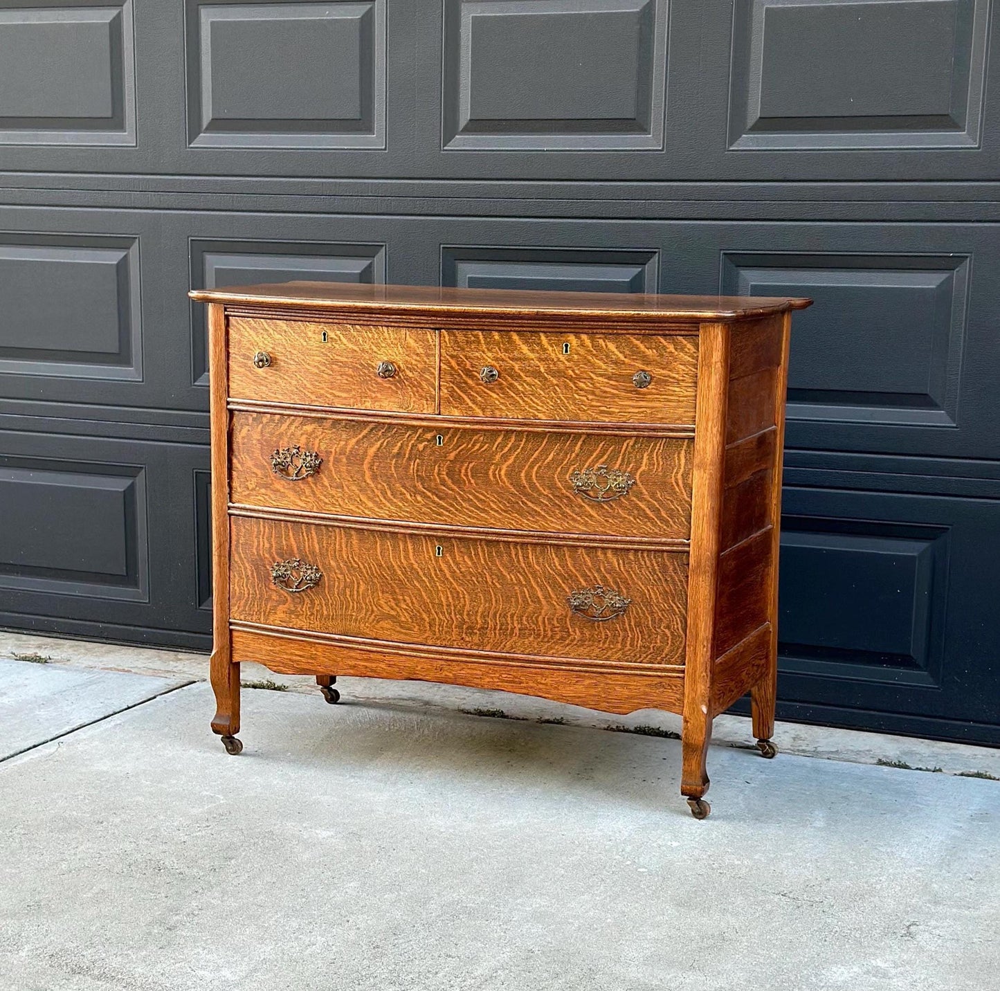 Antique 1920's Tiger Oak Four Drawer Chest on Casters