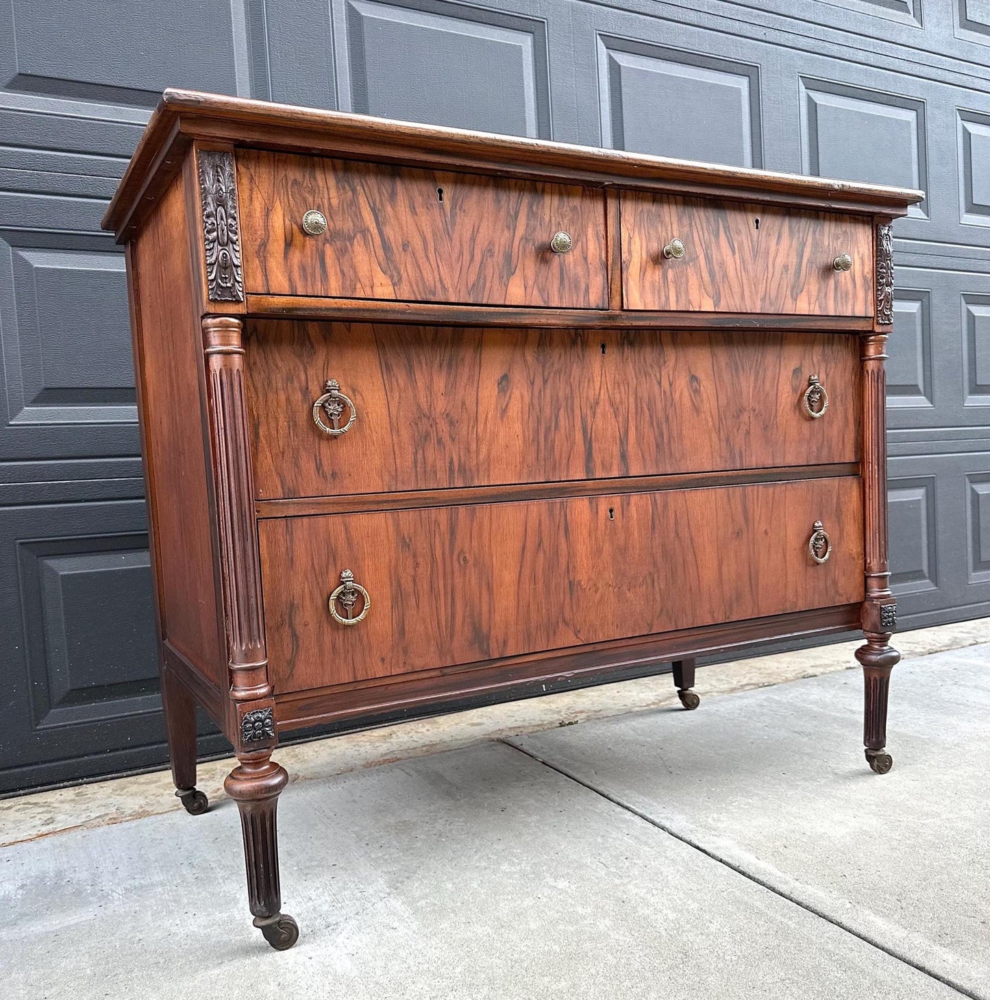 Antique Early 1900's French Walnut Chest of Drawers on Casters