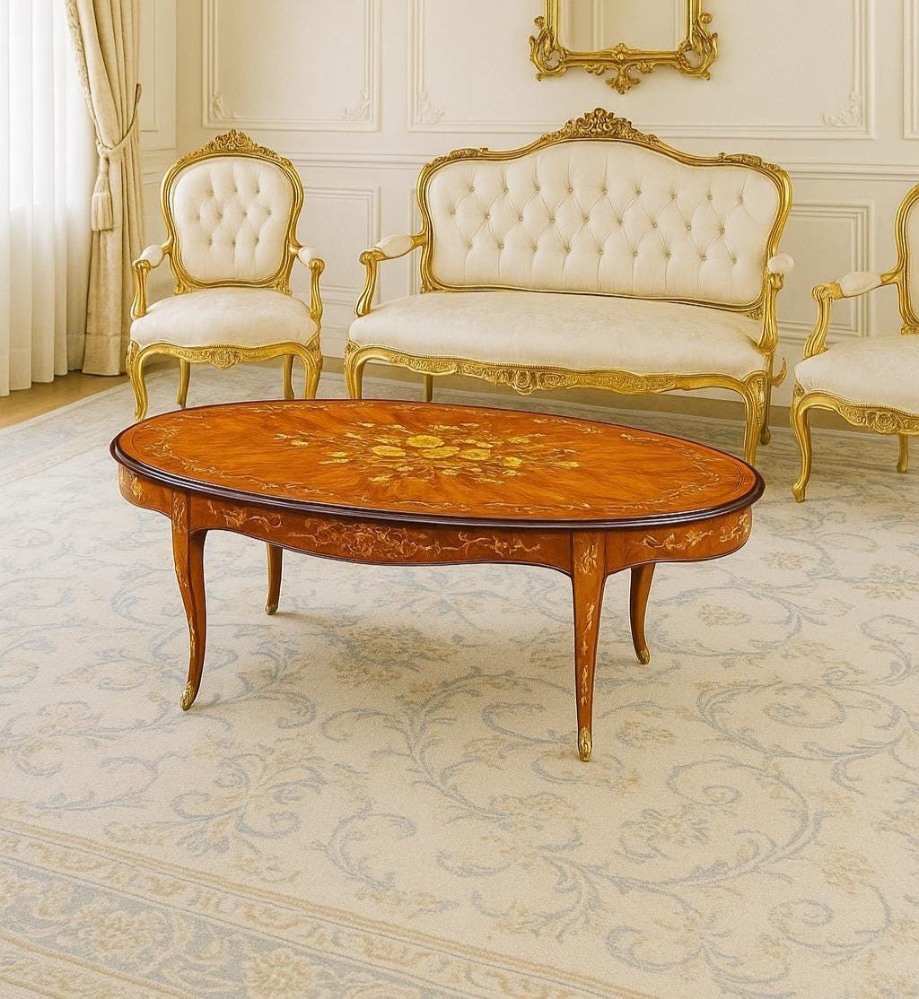 Antique 1910's Louis XV Marquetry Ormolu French Coffee Table