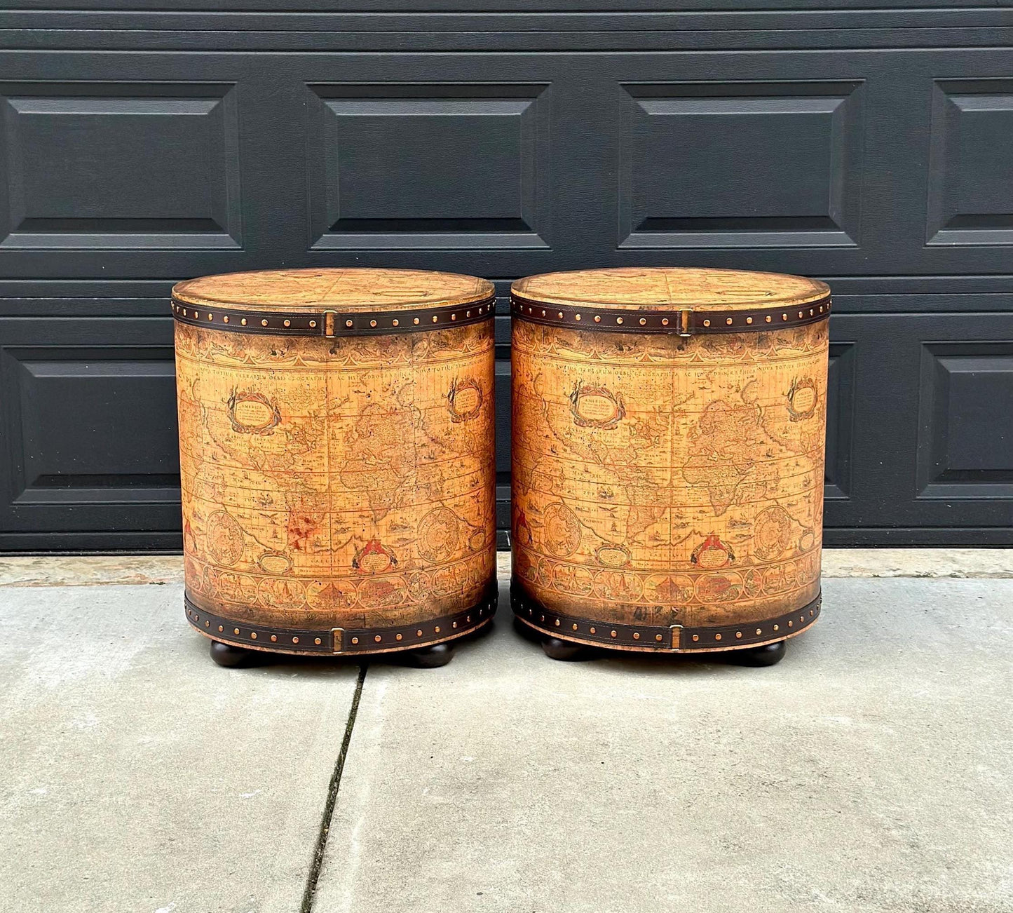 Vintage Map Wrapped Leather Trim Drum End Tables - a Pair