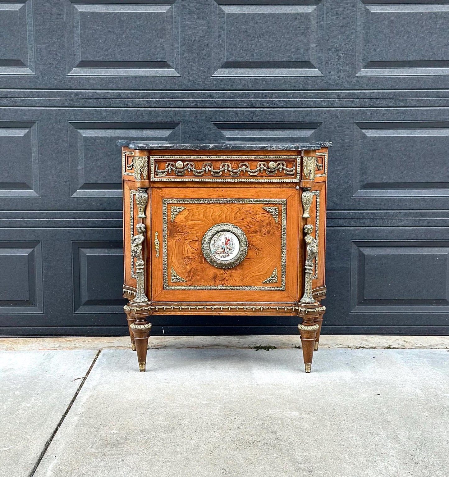 Antique 1880's French Louis XVI Marble Top Cabinet with Hand Painted Porcelain Plaque & Ormolu Mounts
