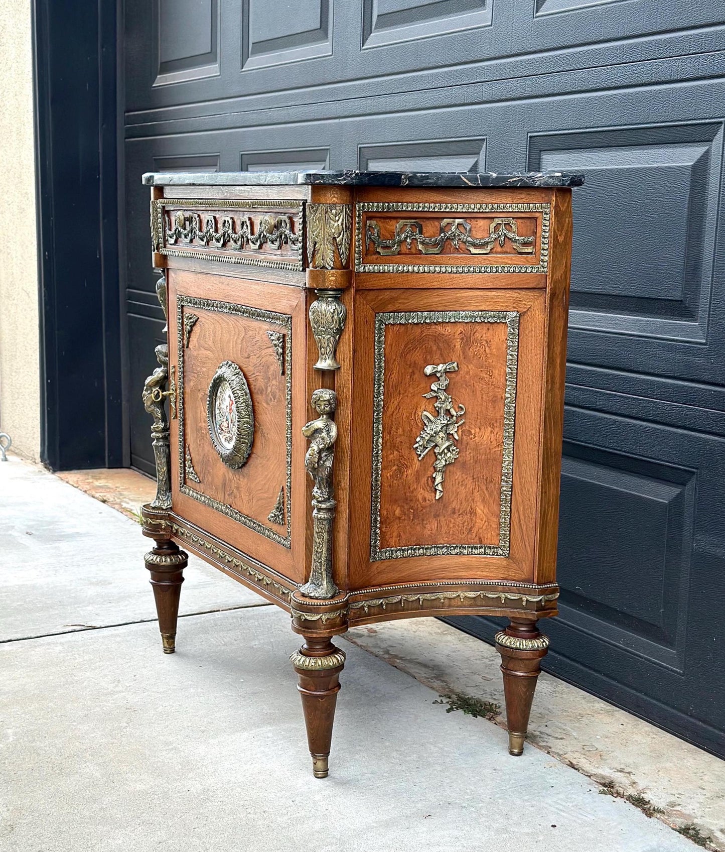 Antique 1880's French Louis XVI Marble Top Cabinet with Hand Painted Porcelain Plaque & Ormolu Mounts