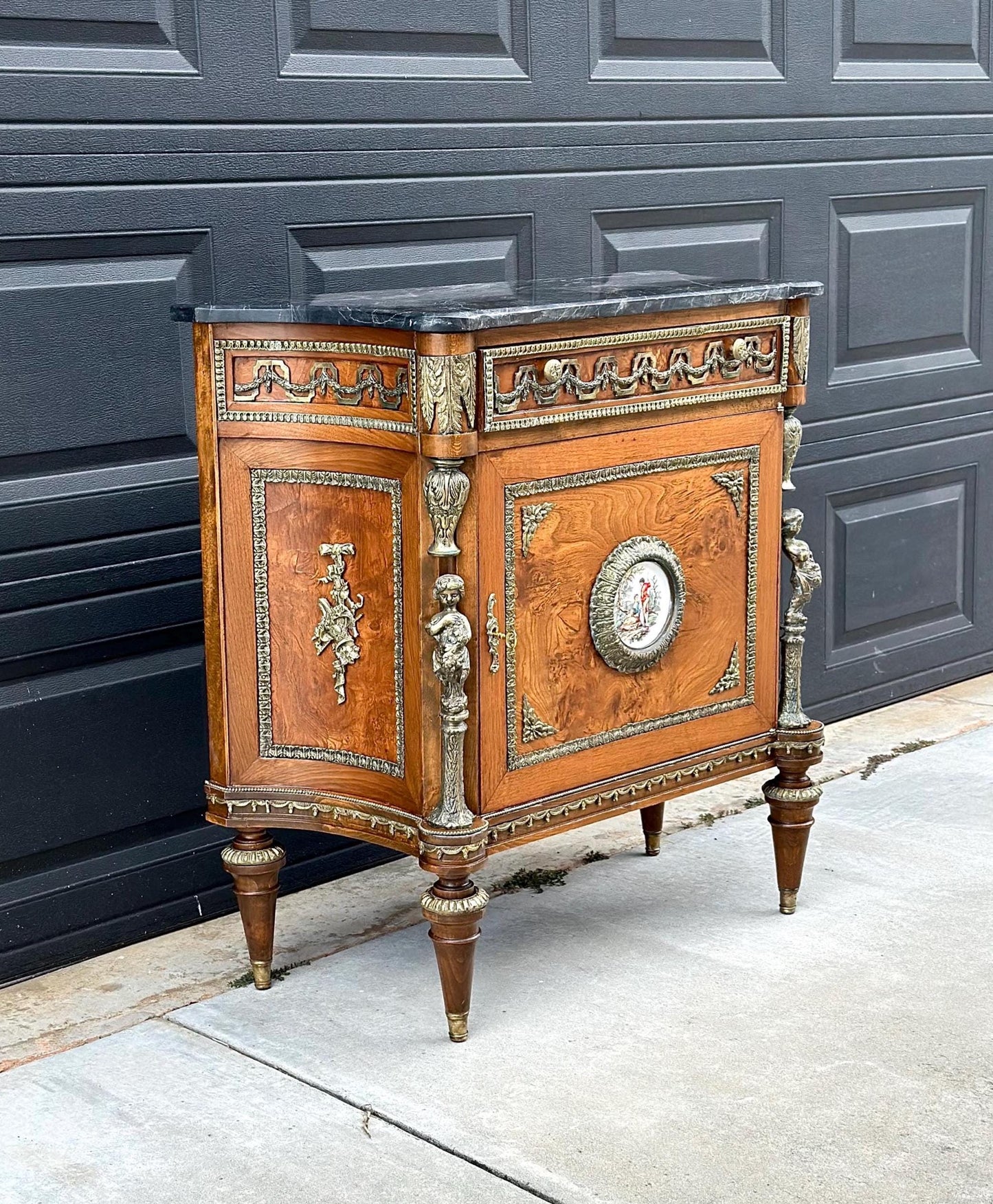 Antique 1880's French Louis XVI Marble Top Cabinet with Hand Painted Porcelain Plaque & Ormolu Mounts