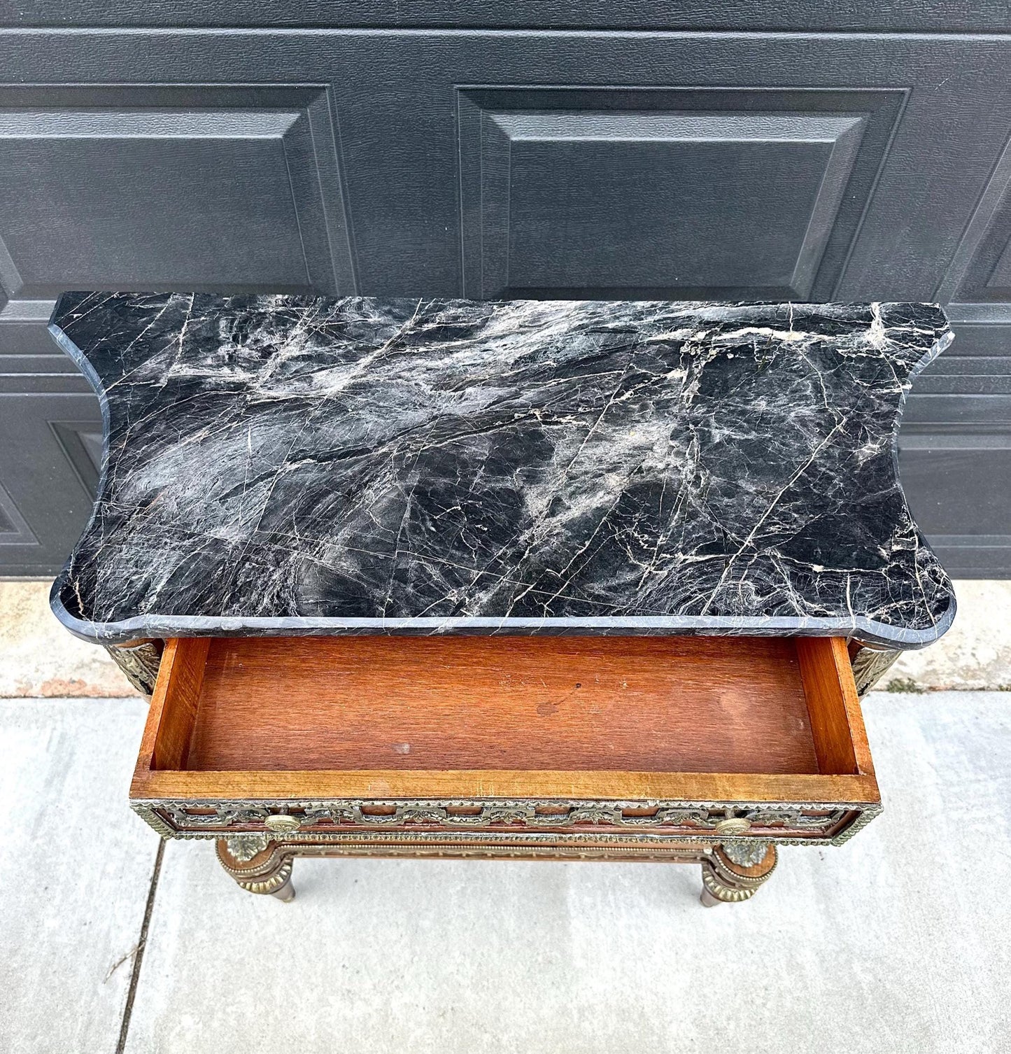 Antique 1880's French Louis XVI Marble Top Cabinet with Hand Painted Porcelain Plaque & Ormolu Mounts