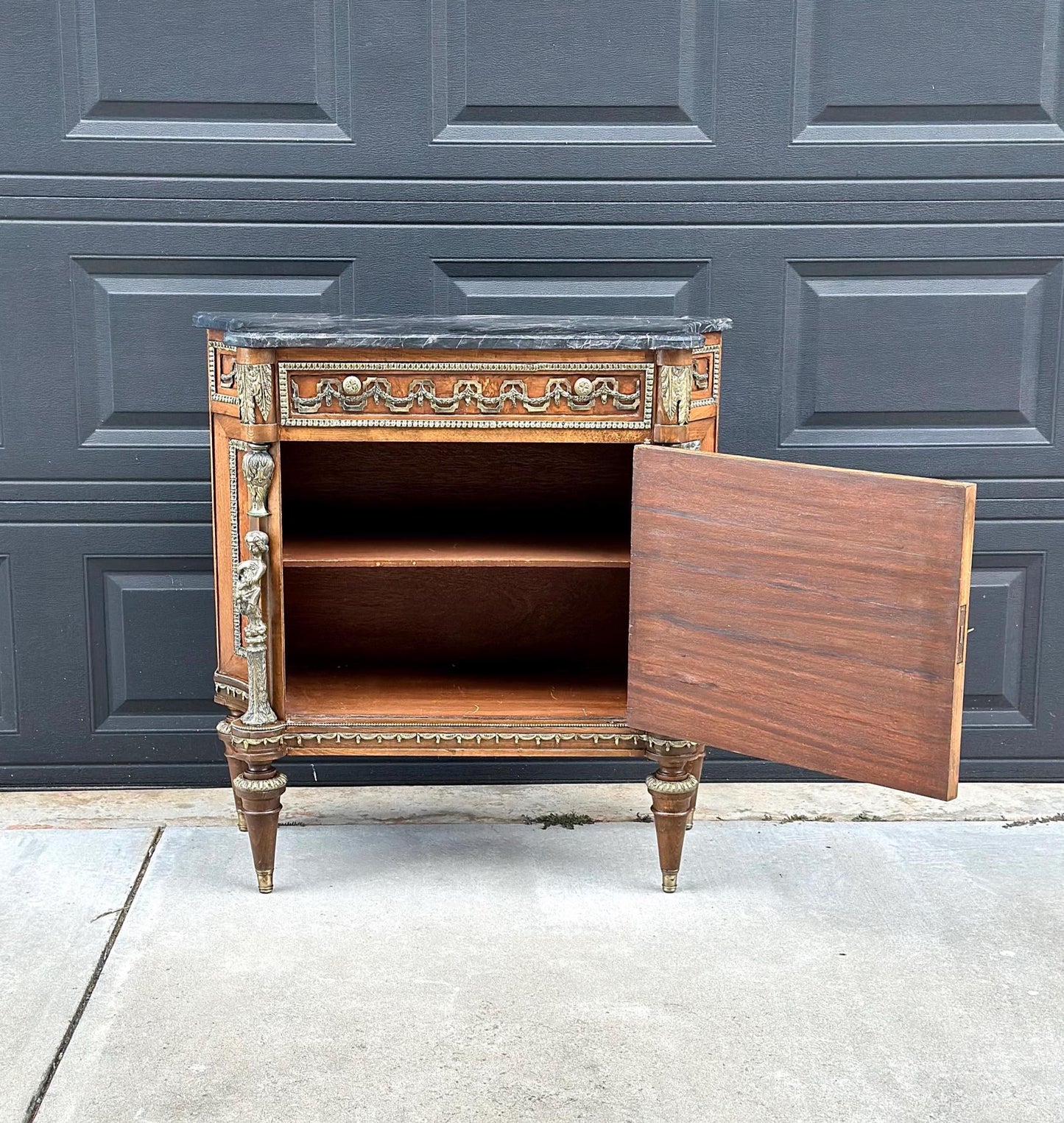 Antique 1880's French Louis XVI Marble Top Cabinet with Hand Painted Porcelain Plaque & Ormolu Mounts