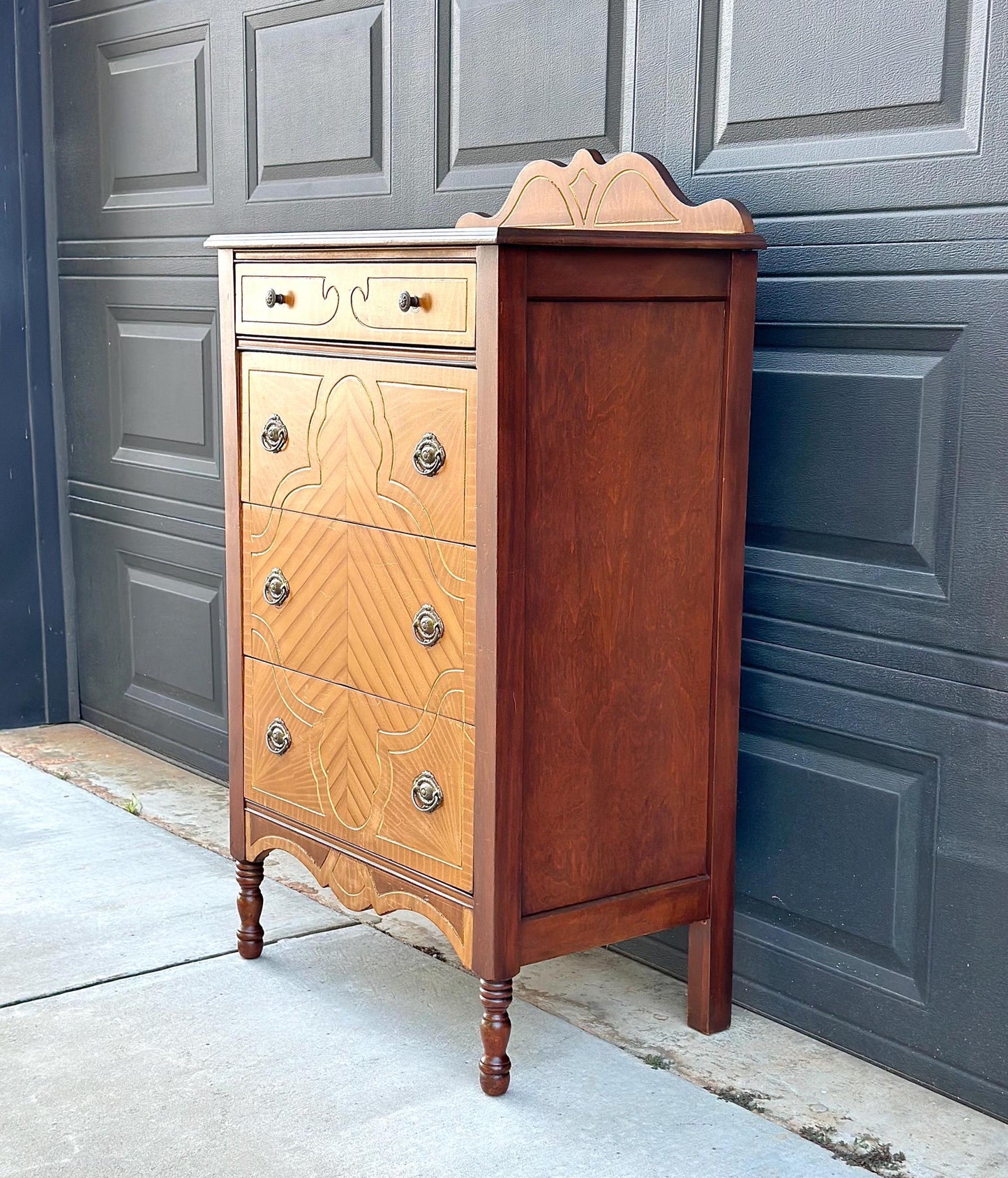 Antique 1930's Solid Cherry Wood Four Drawer Highboy