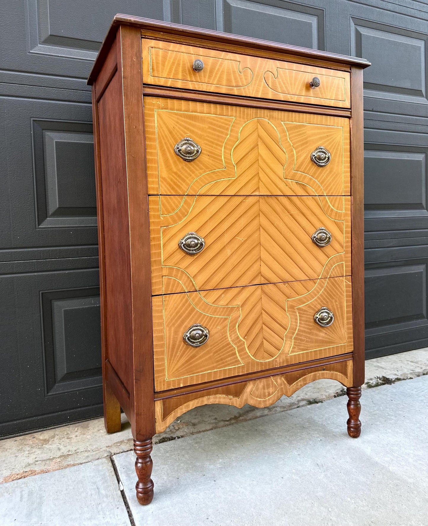 Antique 1930's Solid Cherry Wood Four Drawer Highboy