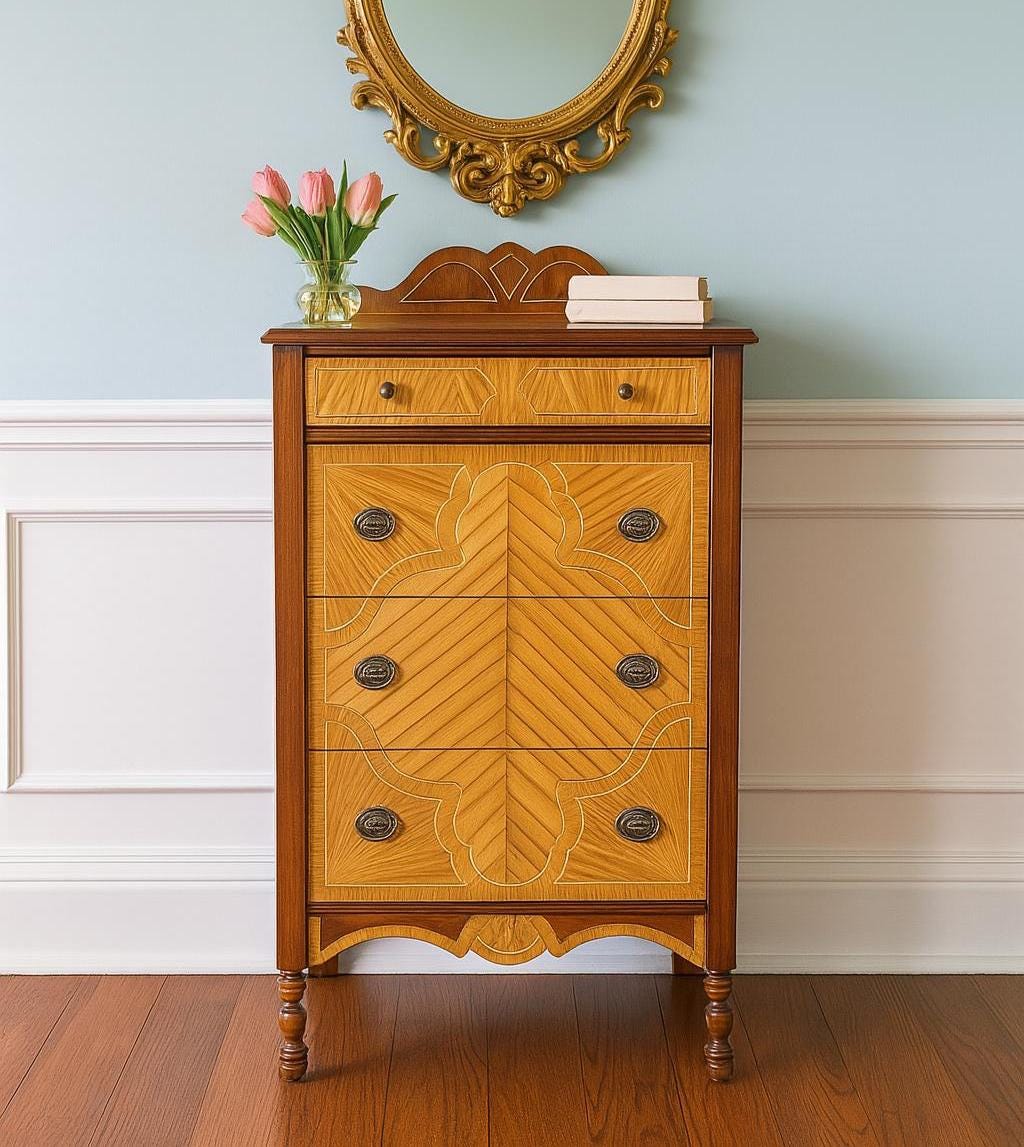 Antique 1930's Solid Cherry Wood Four Drawer Highboy